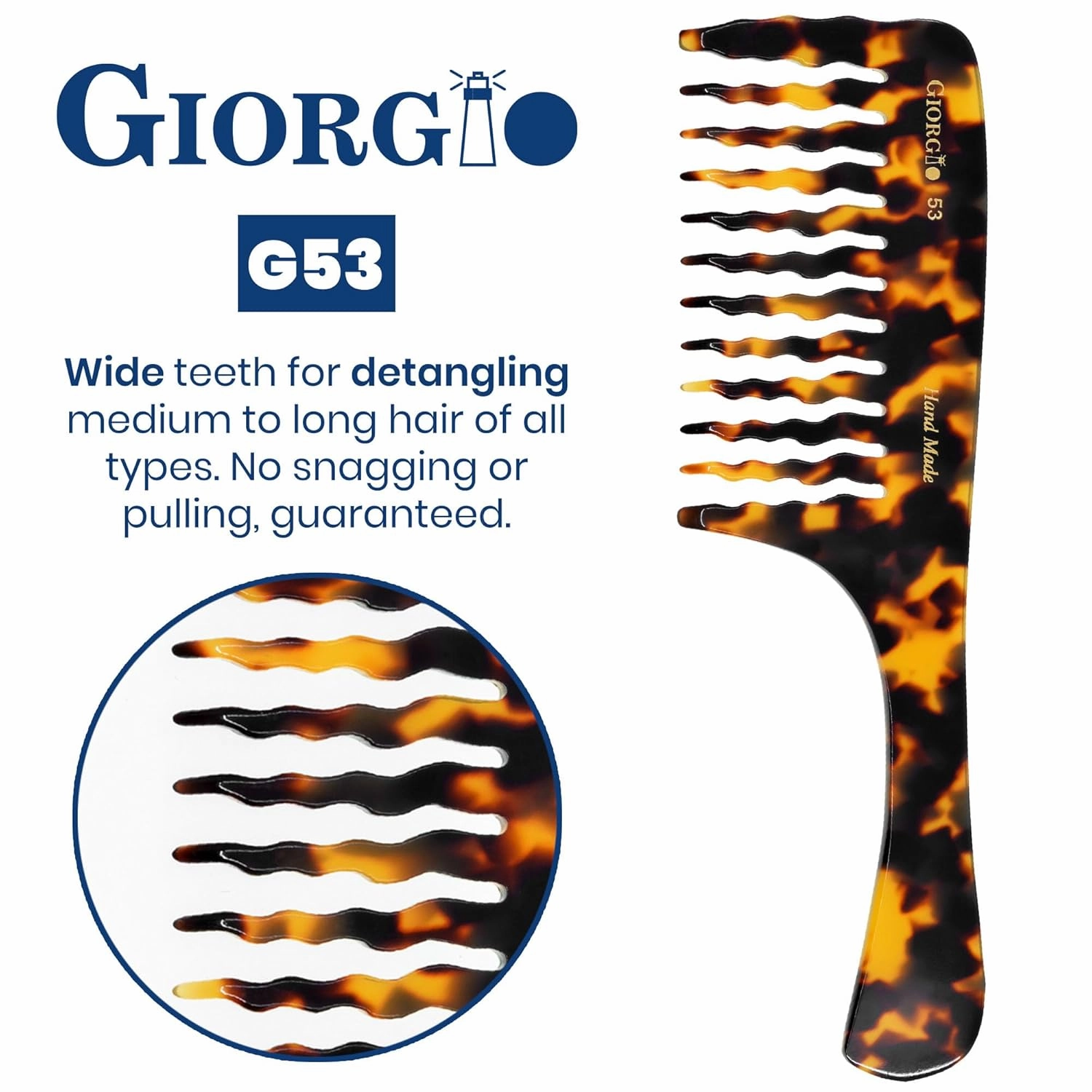 Giorgio G53 Handmade Rake Comb for Curly, Thick and Wet or Dry Hair - Wide Tooth, Detangling and Hand Polished (8")