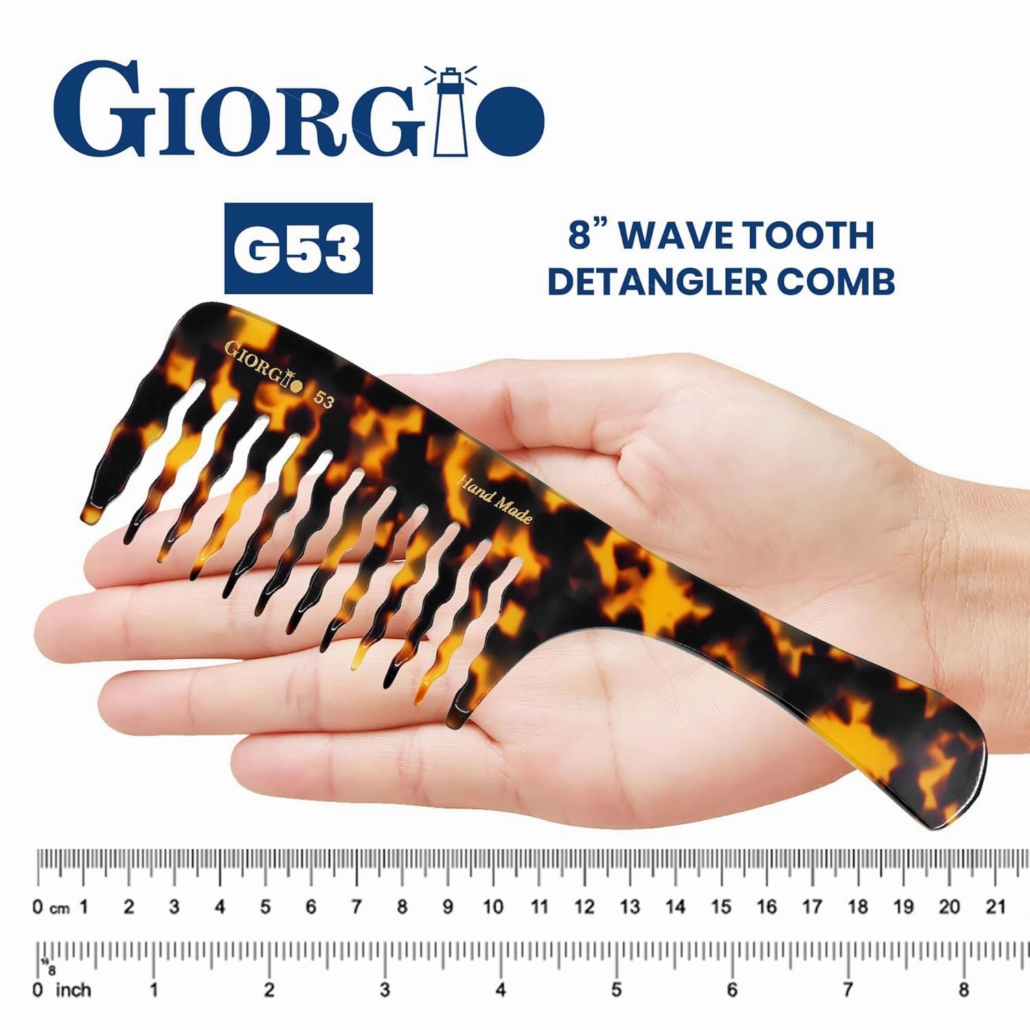 Giorgio G53 Handmade Rake Comb for Curly, Thick and Wet or Dry Hair - Wide Tooth, Detangling and Hand Polished (8")