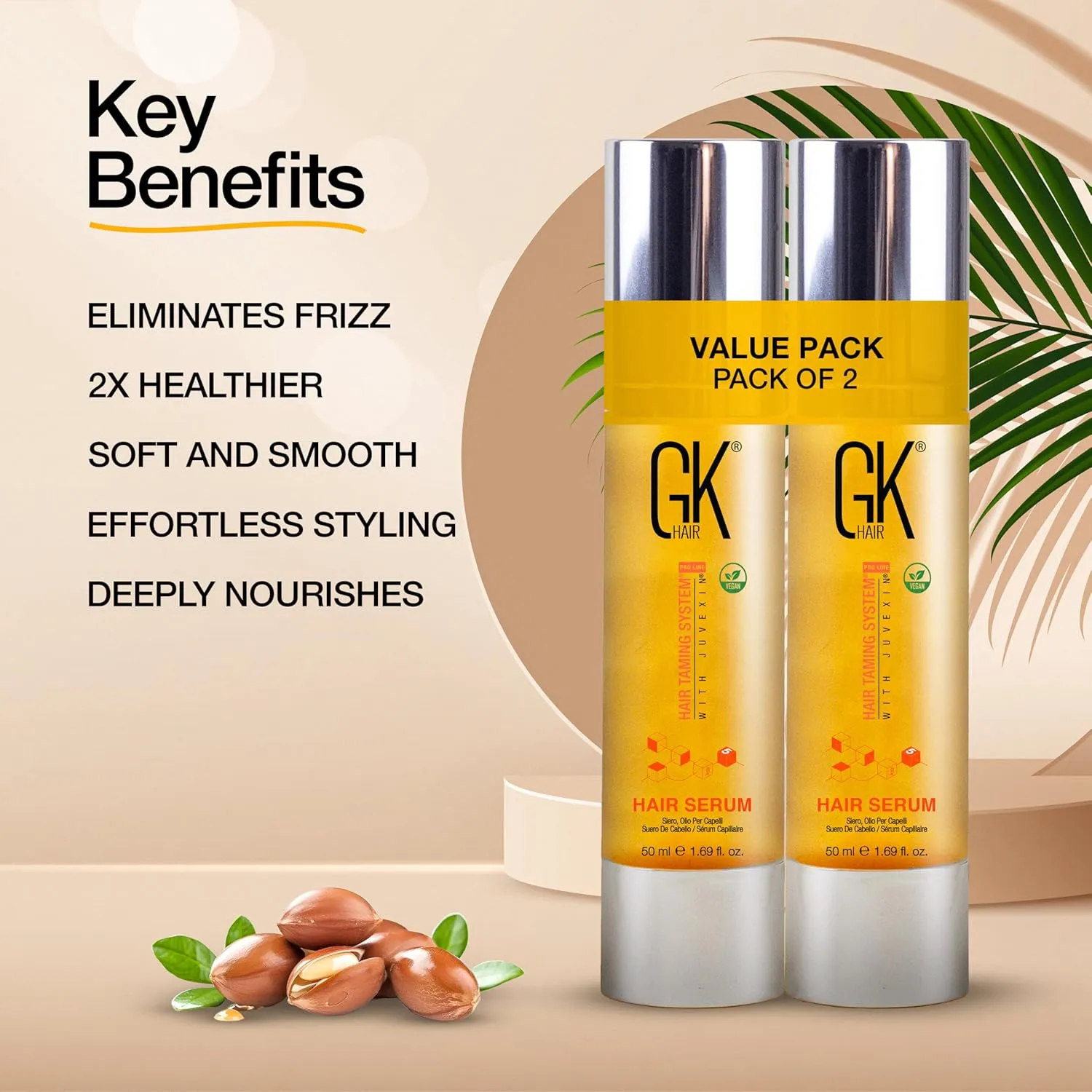 GK HAIR Global Keratin 100% Organic Argan Oil Anti Frizz Hair Serum Pack of 2 (1.69 Fl Oz/50ml) Styling Smoothing Strengthening Hydrating & Nourishing Heat Protection Shine For Frizzy Dry Damaged Hair