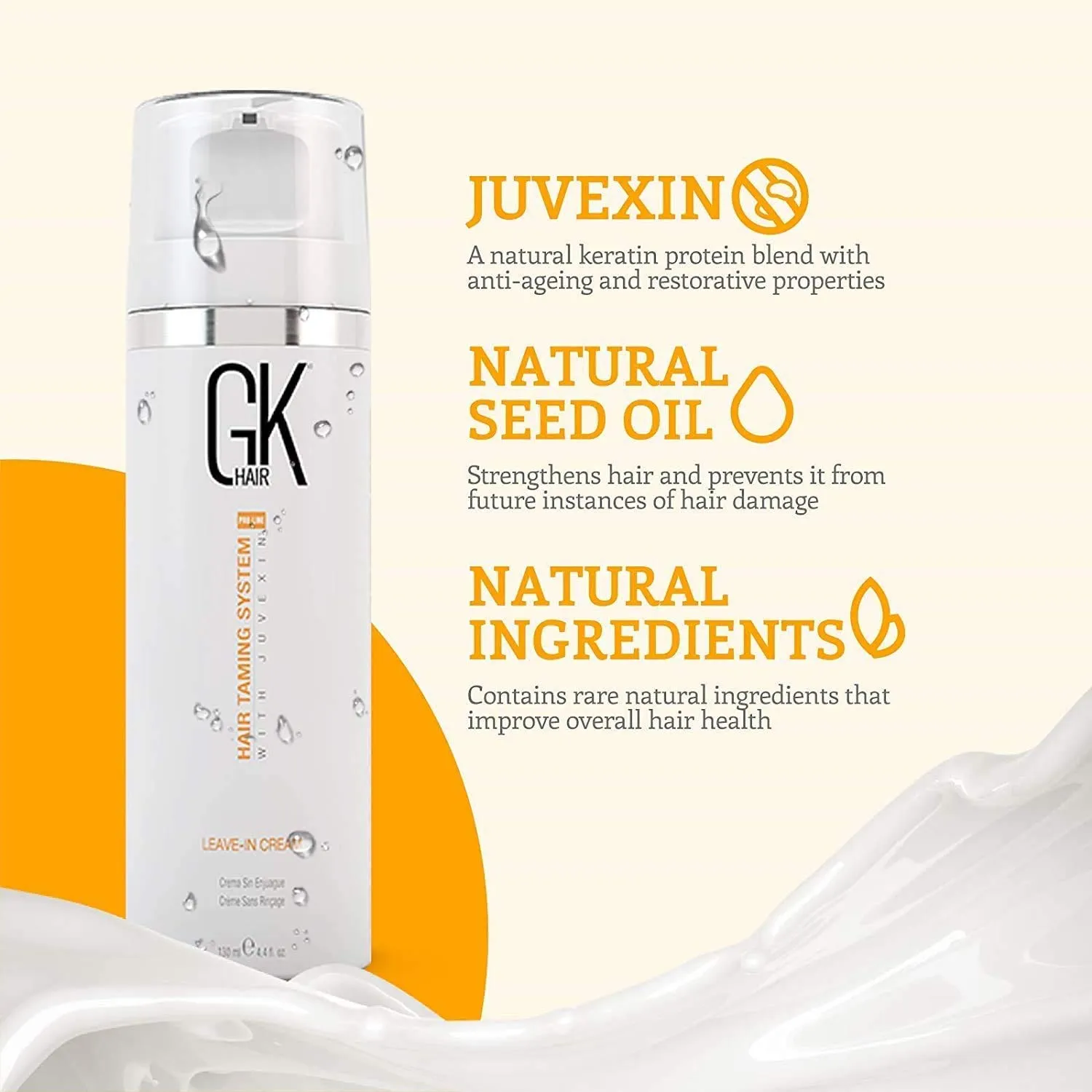 GK HAIR Global Keratin Leave In Conditioner Cream (4.4 Fl Oz/130ml) Conditioning Hydrating Smoothing Moisturizing & Frizz Control For Dry Damaged Hair Taming before Swimming or Exercise
