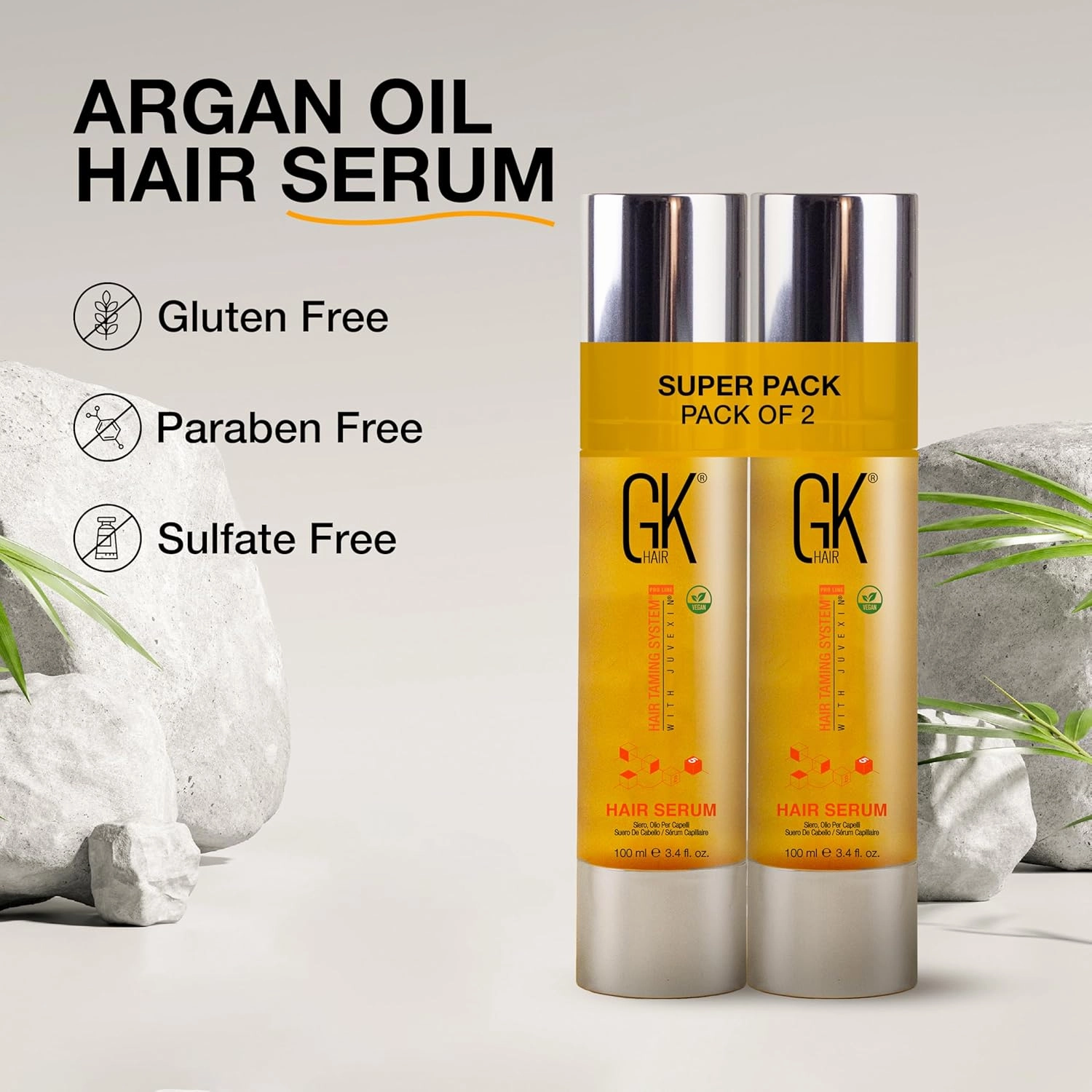 GK HAIR Global Keratin 100% Organic Argan Oil Anti Frizz Hair Serum Pack of 2 (3.4 Fl Oz/100ml) Styling Smoothing Strengthening Hydrating & Nourishing Heat Protection Shine For Frizzy Dry Damaged Hair