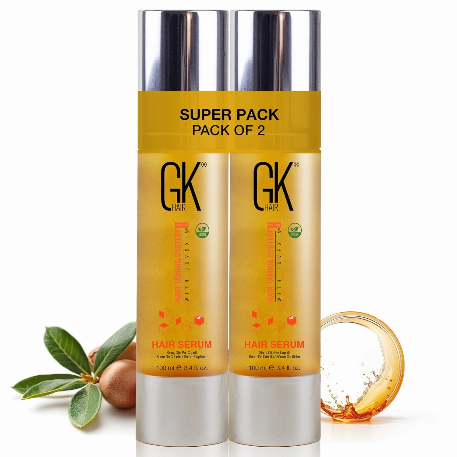 GK HAIR Global Keratin 100% Organic Argan Oil Anti Frizz Hair Serum Pack of 2 (3.4 Fl Oz/100ml) Styling Smoothing Strengthening Hydrating & Nourishing Heat Protection Shine For Frizzy Dry Damaged Hair