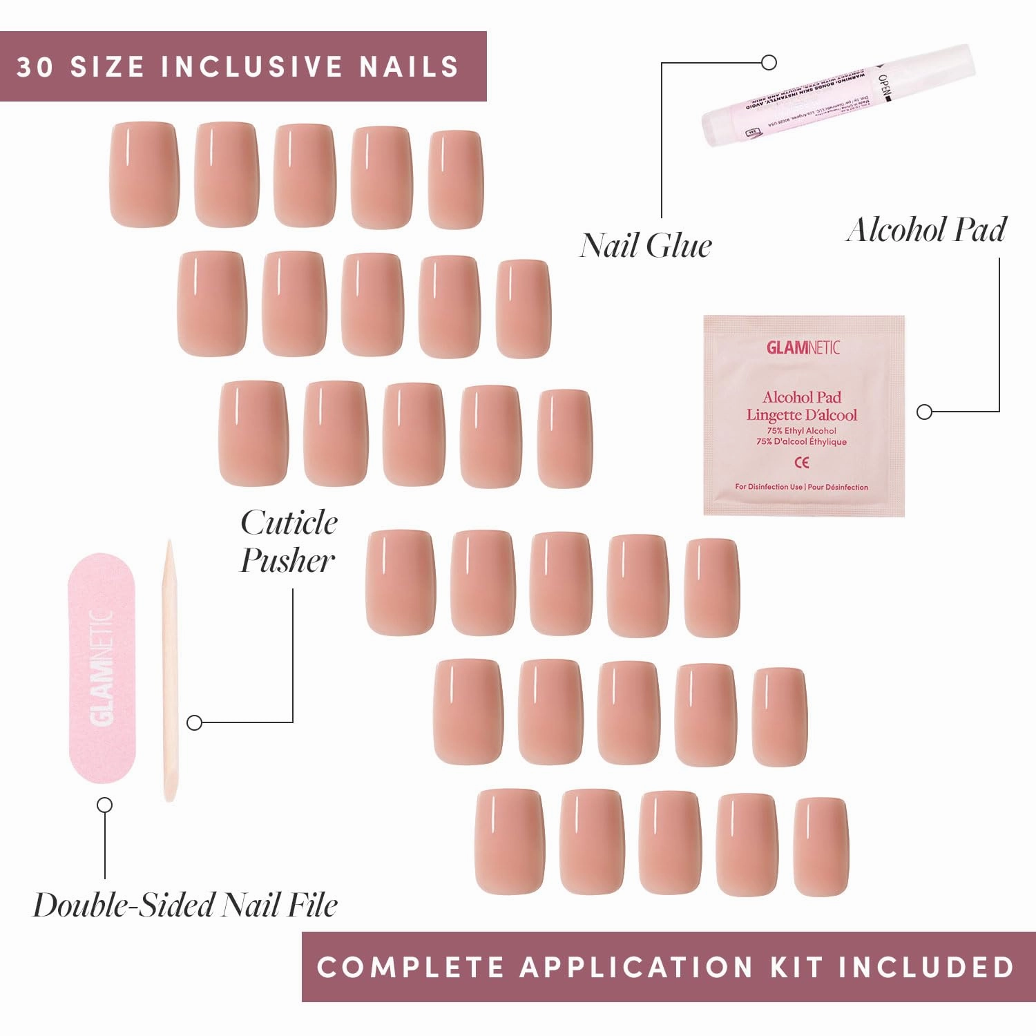 Glamnetic Press On Nails - In The Nude | Medium Square Fake Nails, Sheer Nude Neutral, Reusable | 15 Sizes - 30 Nail Kit