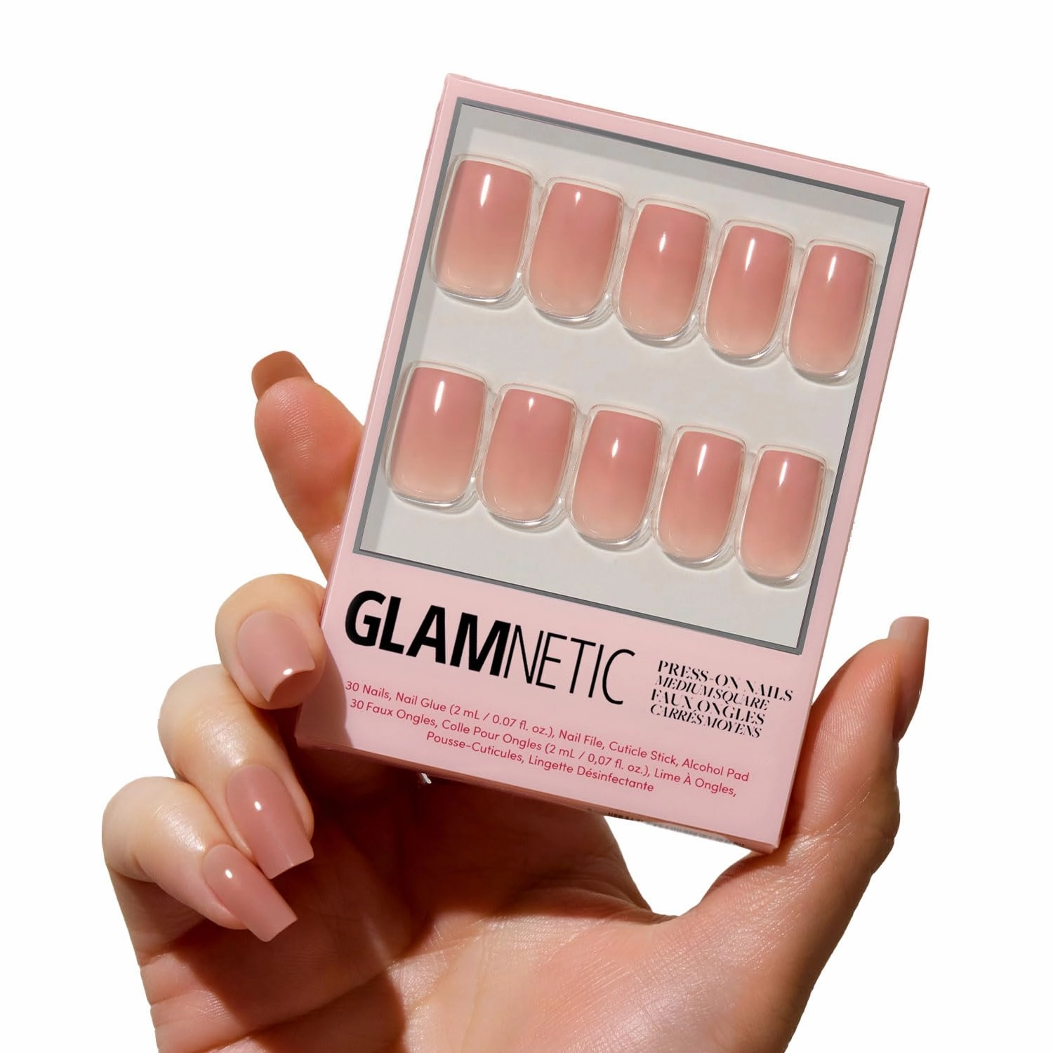 Glamnetic Press On Nails - In The Nude | Medium Square Fake Nails, Sheer Nude Neutral, Reusable | 15 Sizes - 30 Nail Kit