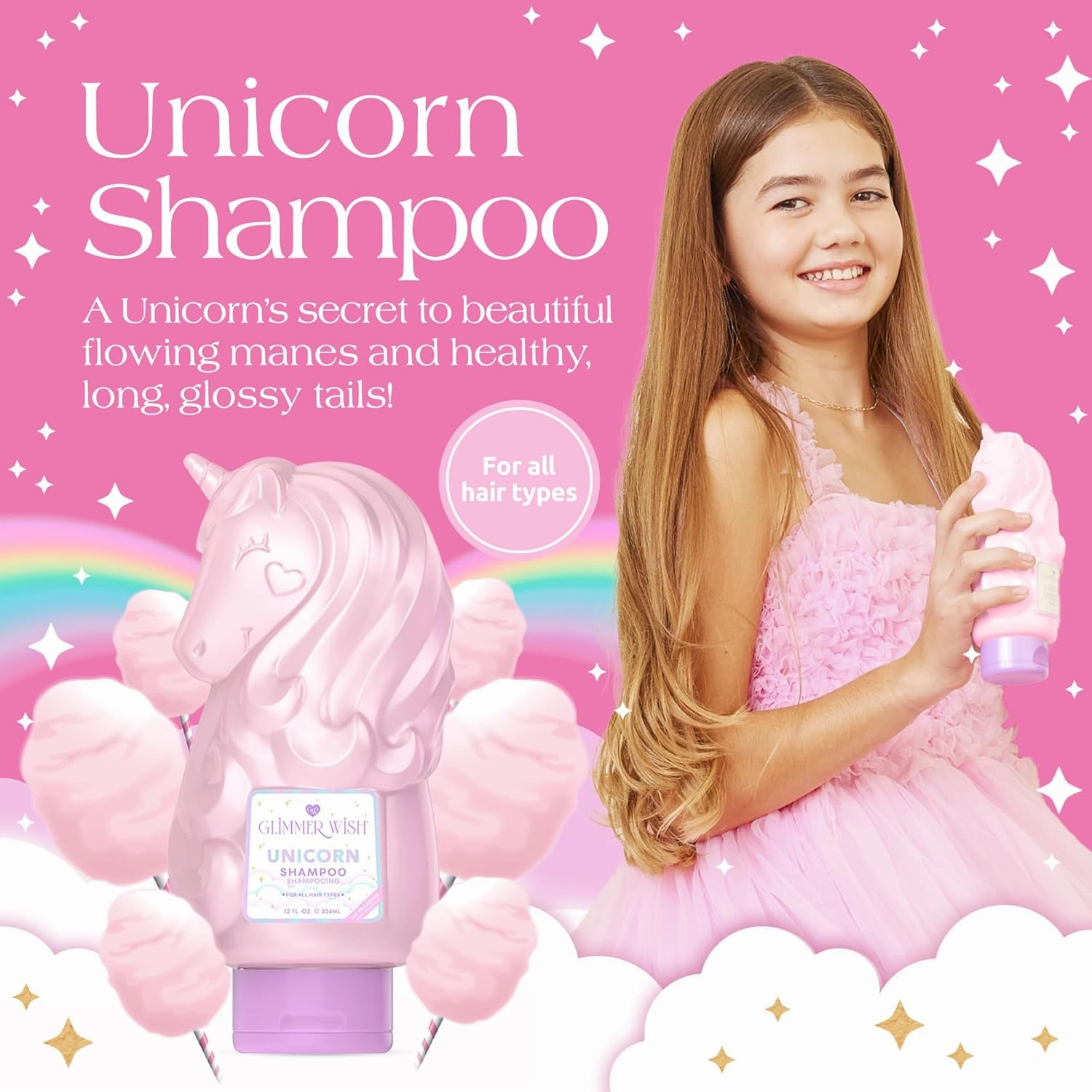 Glimmer Wish Unicorn Kids Shampoo, Paraben and Sulfate Free Shampoo for Soft and Manageable Hair, Kids Hair Care, Cotton Candy Scent, 12 Fl Oz