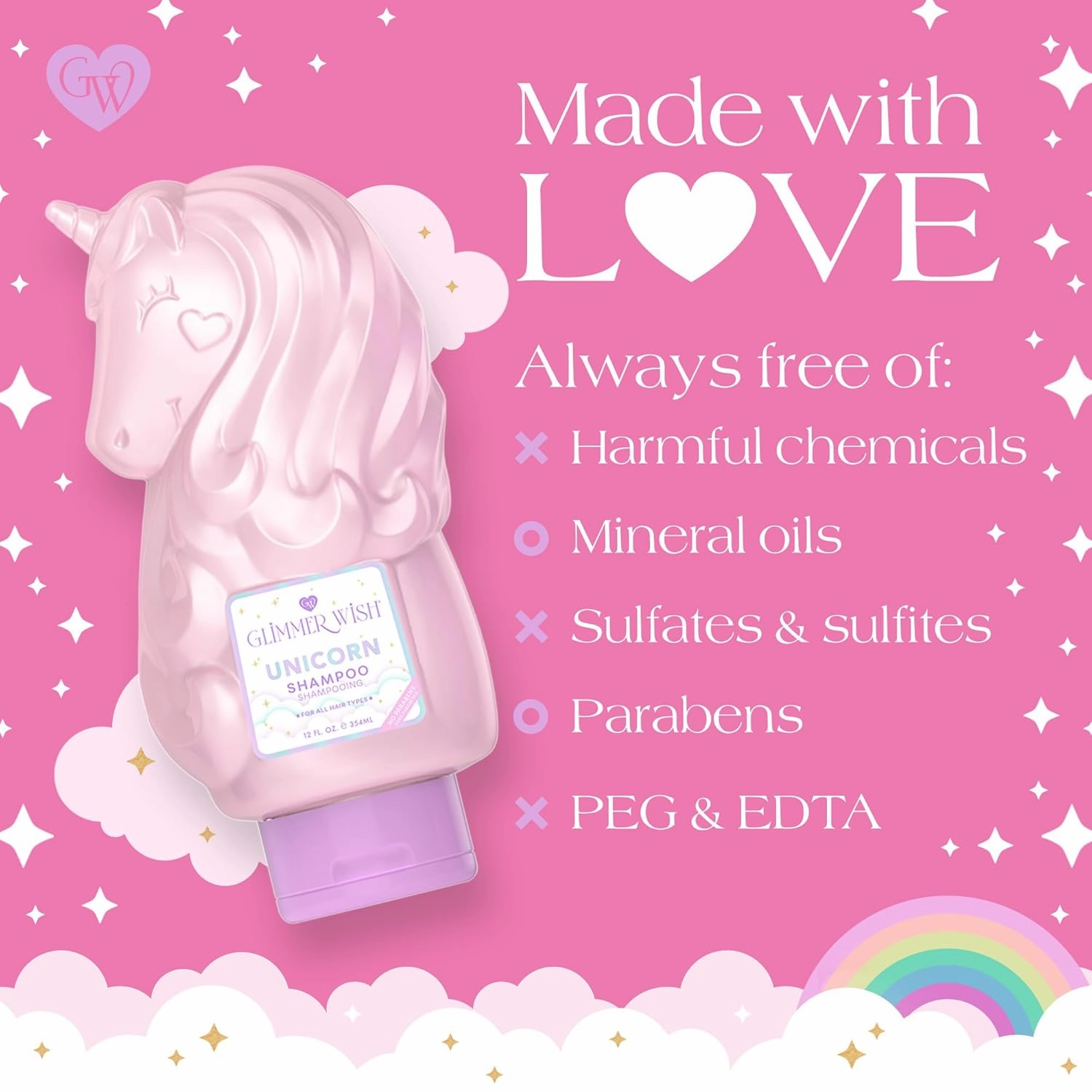Glimmer Wish Unicorn Kids Shampoo, Paraben and Sulfate Free Shampoo for Soft and Manageable Hair, Kids Hair Care, Cotton Candy Scent, 12 Fl Oz