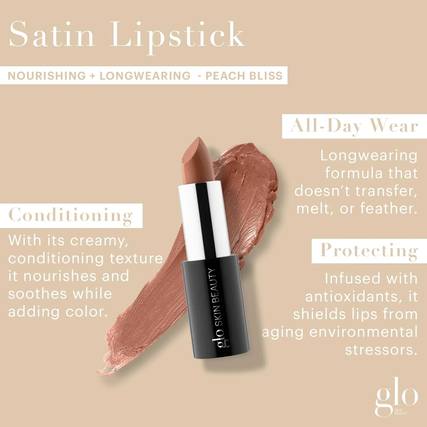 Glo Skin Beauty Satin Lipstick (Peach Bliss) | Nourishing Longwearing Lip Stick Packed with Skincare Benefits