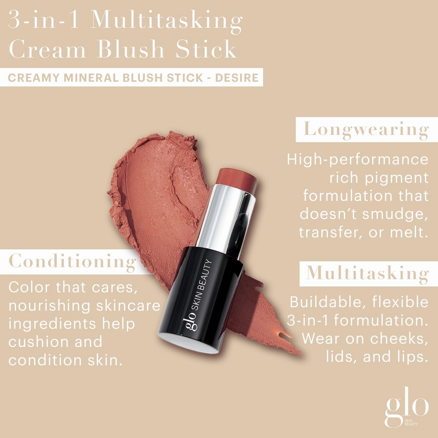 Glo Skin Beauty Cream Blush Stick (Desire) | 3-in-1 Multitasking Long-Wear Cheek, Lips   Lids Stick | Packed with Skincare Benefits