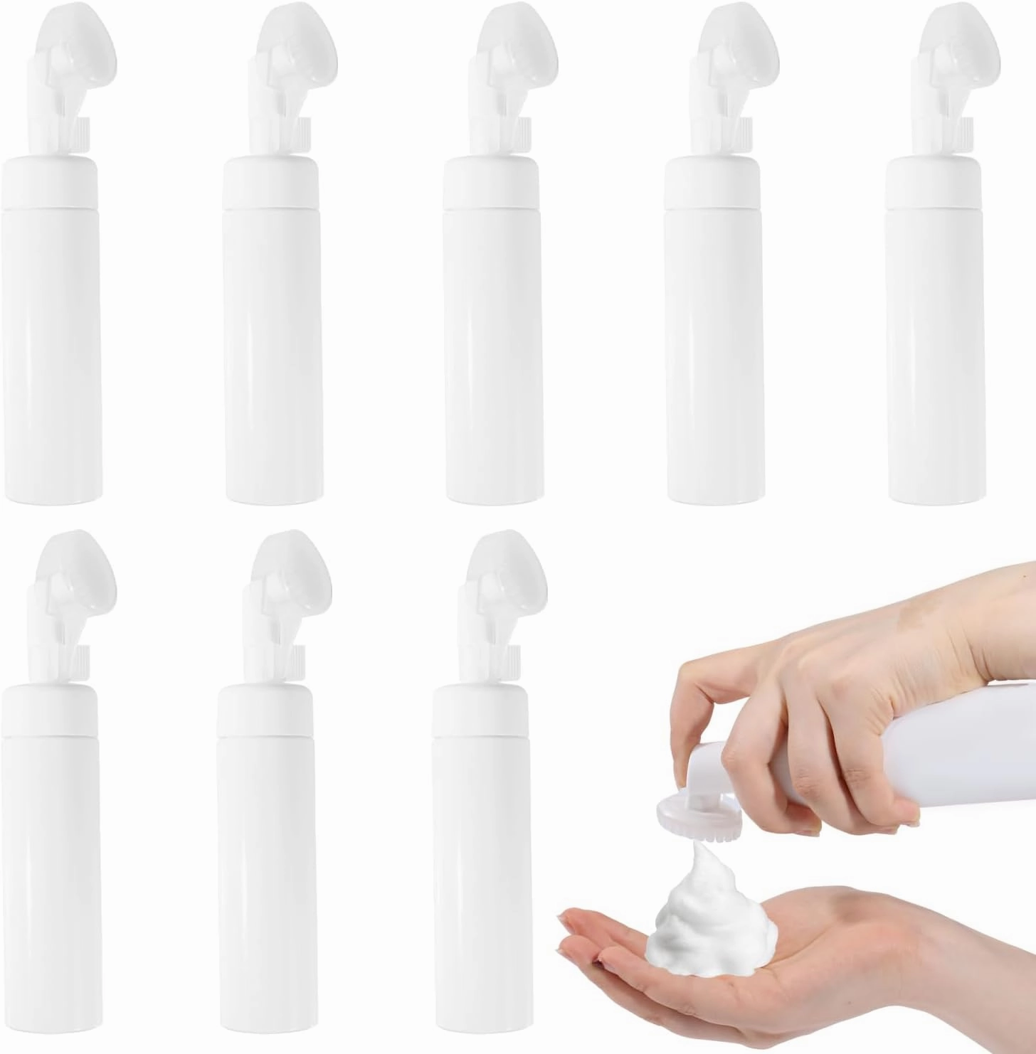 GLOBLELAND 8Pcs 200ml/6.76 Fl.Oz Foam Pump Bottle with Silicone Brush One-Hand Operation Empty Mousse Foaming Pump Dispenser Facial Cleanser Foaming Bottle for Hand Soap Cleanser Shampoo