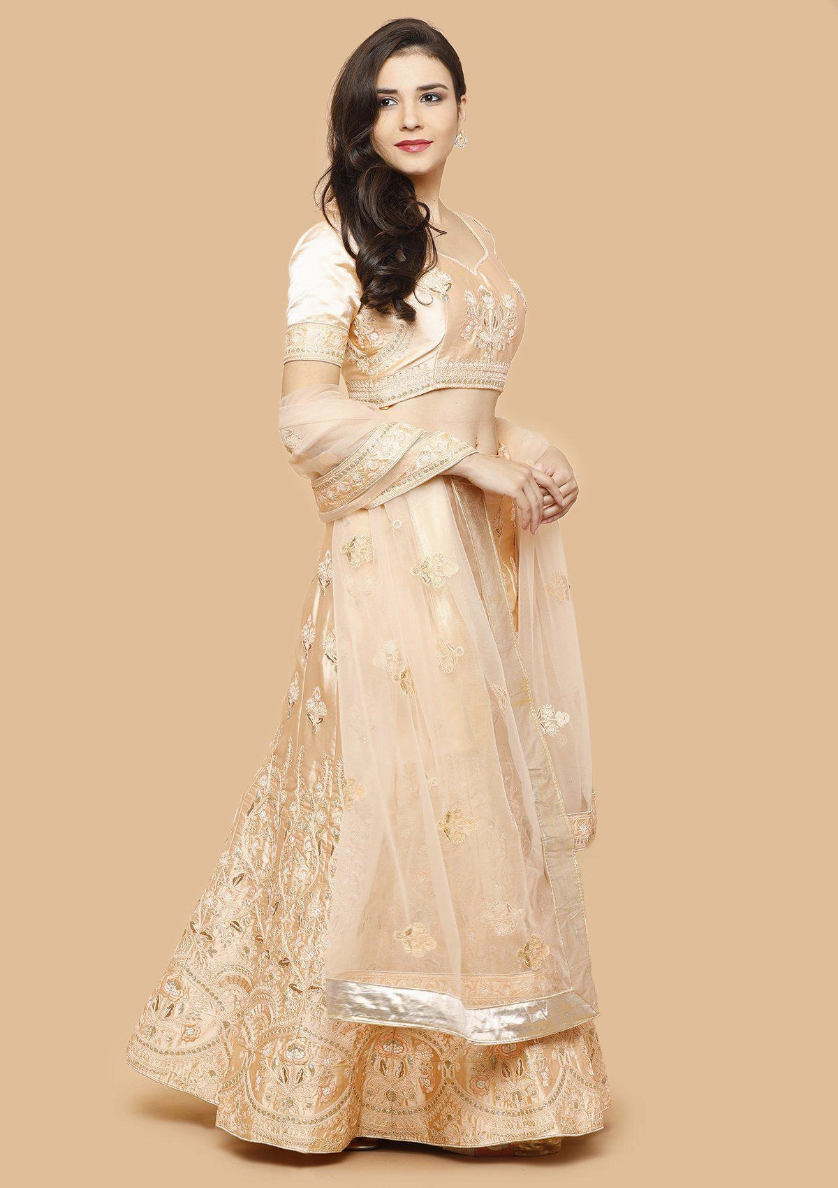 Glossy Peach Sequinned Semi Stitched Lehenga