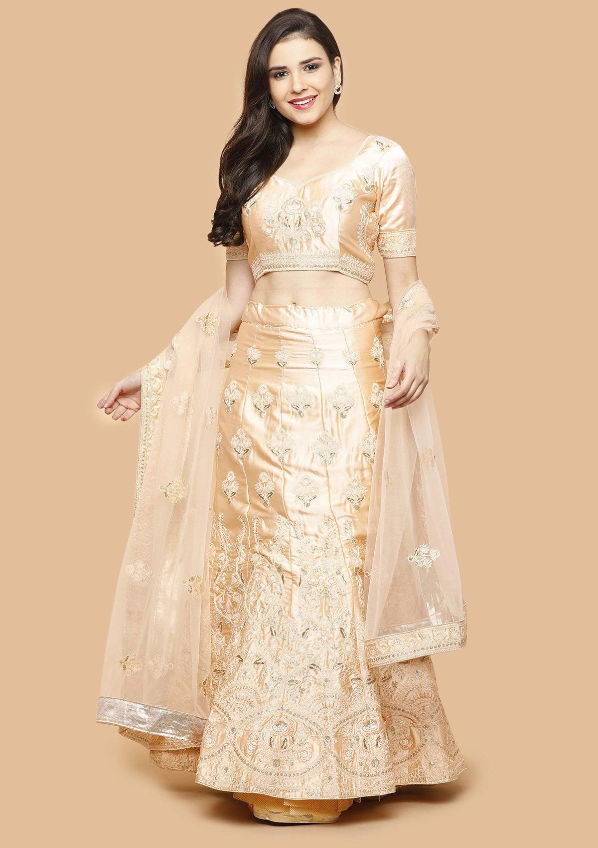Glossy Peach Sequinned Semi Stitched Lehenga