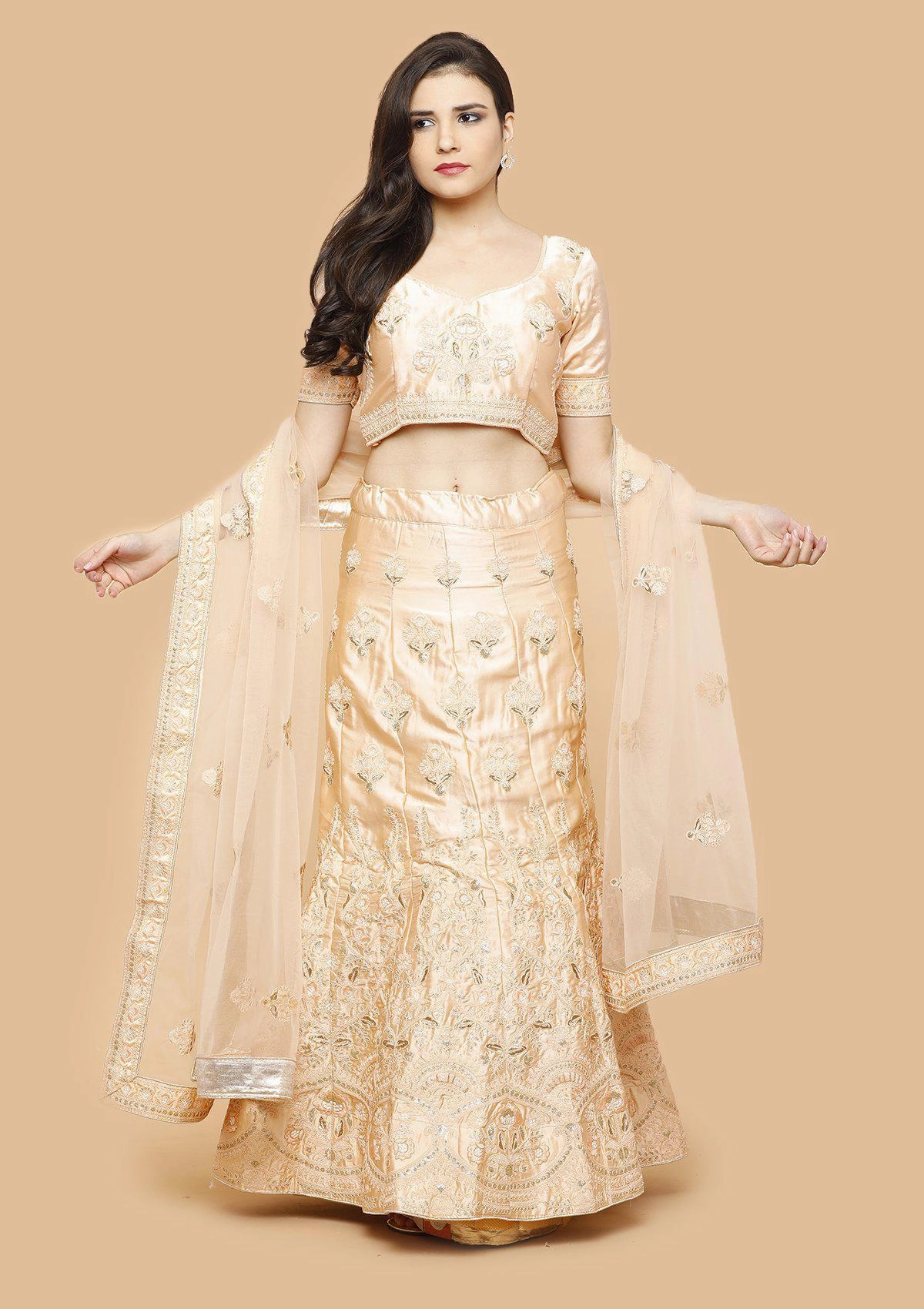 Glossy Peach Sequinned Semi Stitched Lehenga