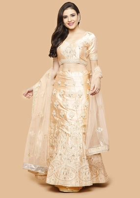 Glossy Peach Sequinned Semi Stitched Lehenga