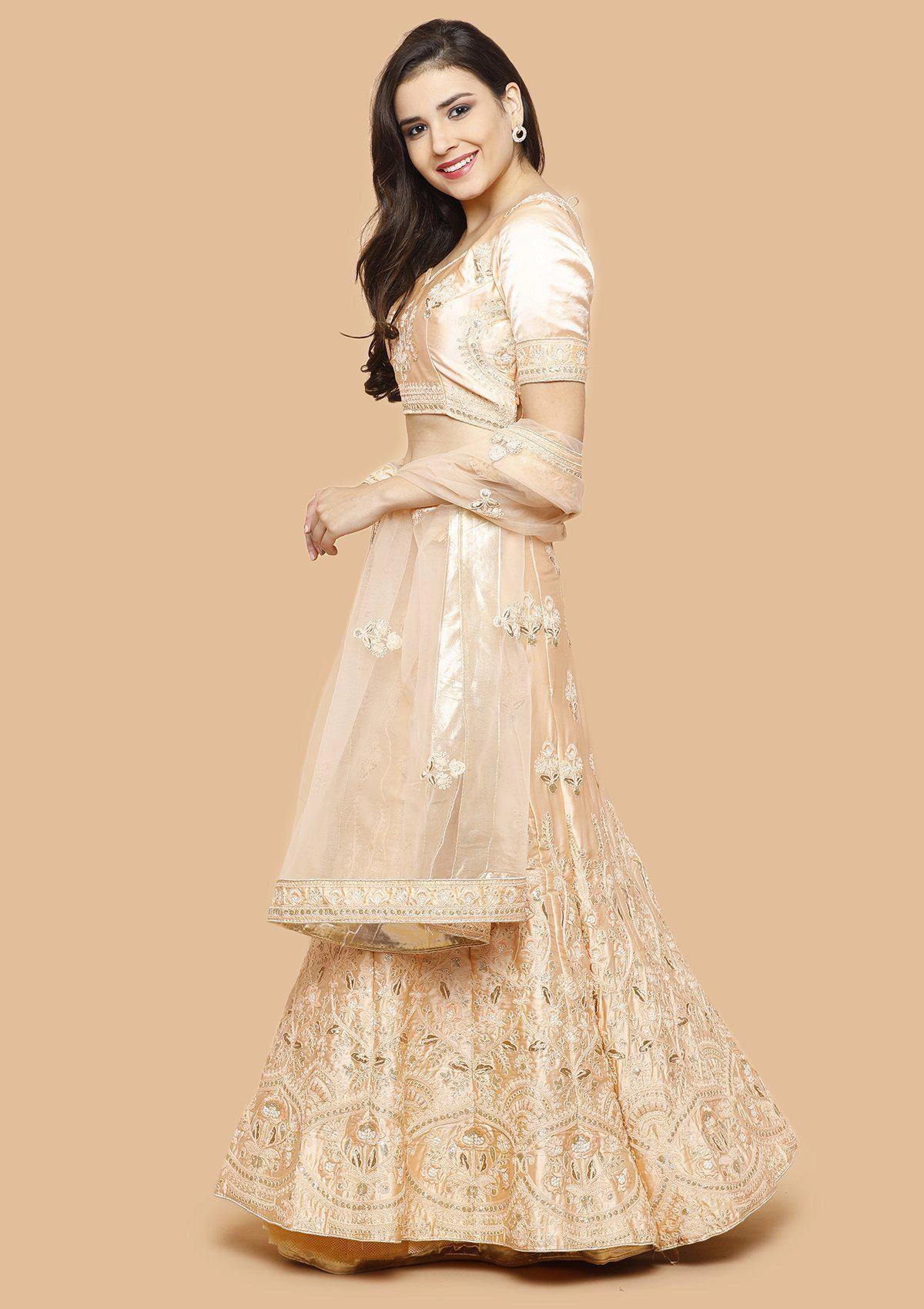 Glossy Peach Sequinned Semi Stitched Lehenga