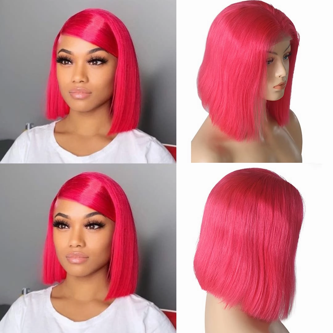 Glueless Wig Hot Pink Lace Front Human Hair Straight 180% Density 13x4 Frontal 8inch Pre Plucked with Baby Hair Brazilian Hair Middle Part Bleached Knots Wigs for Black Women(Could be Restyle)