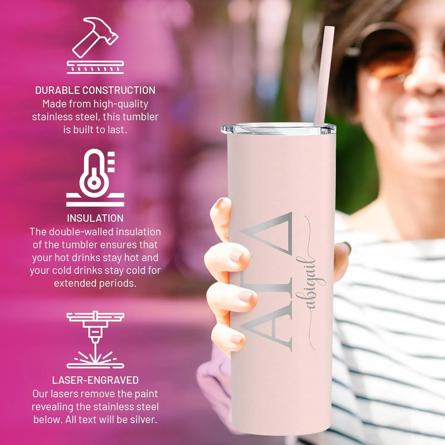 Go Greek Chic - Personalized Delta Zeta Sorority Skinny Tumbler - (Pink Magic), Custom Greek Life Drinkware, Laser Engraved Name and Insulated Tumbler with Lid & Straw, Keep Drinks Hot or Cold