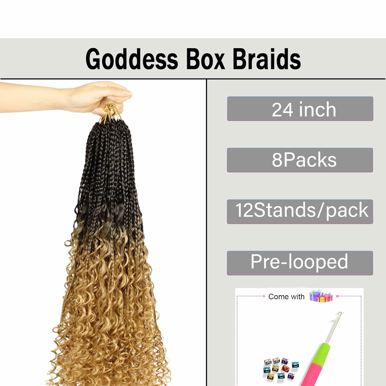 Goddess Box Braids Crochet Hair for Black Women 24inch Pre Looped Blonde Ombre Boho Braids with Curly Ends T27,8Pack