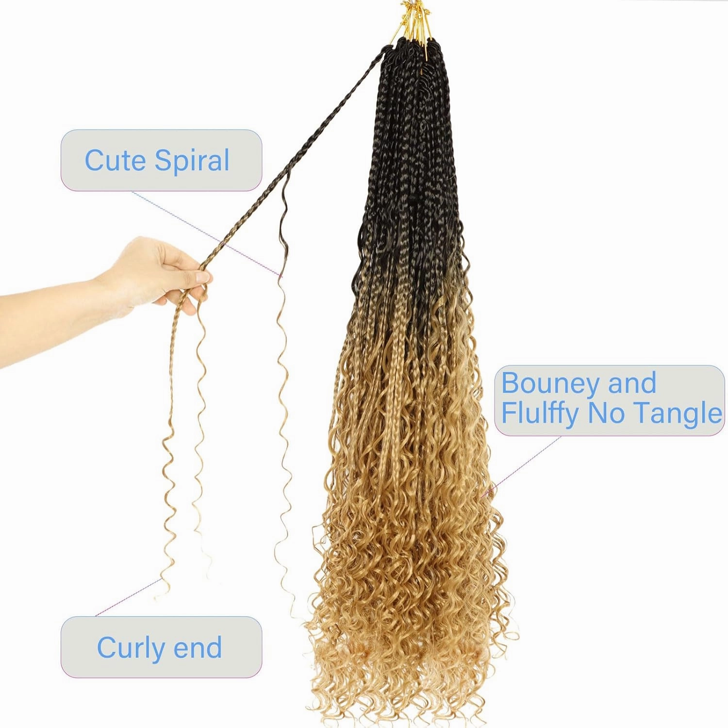 Goddess Box Braids Crochet Hair for Black Women 24inch Pre Looped Blonde Ombre Boho Braids with Curly Ends T27,8Pack