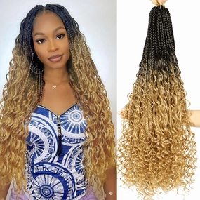 Goddess Box Braids Crochet Hair for Black Women 24inch Pre Looped Blonde Ombre Boho Braids with Curly Ends T27,8Pack