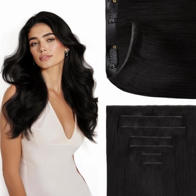 GOO GOO Genius Clip in Hair Extensions, 14inch 110g 7pcs, Seamless PU Clip in Hair Extensions, Virgin Real Human Hair, #1B Natural black