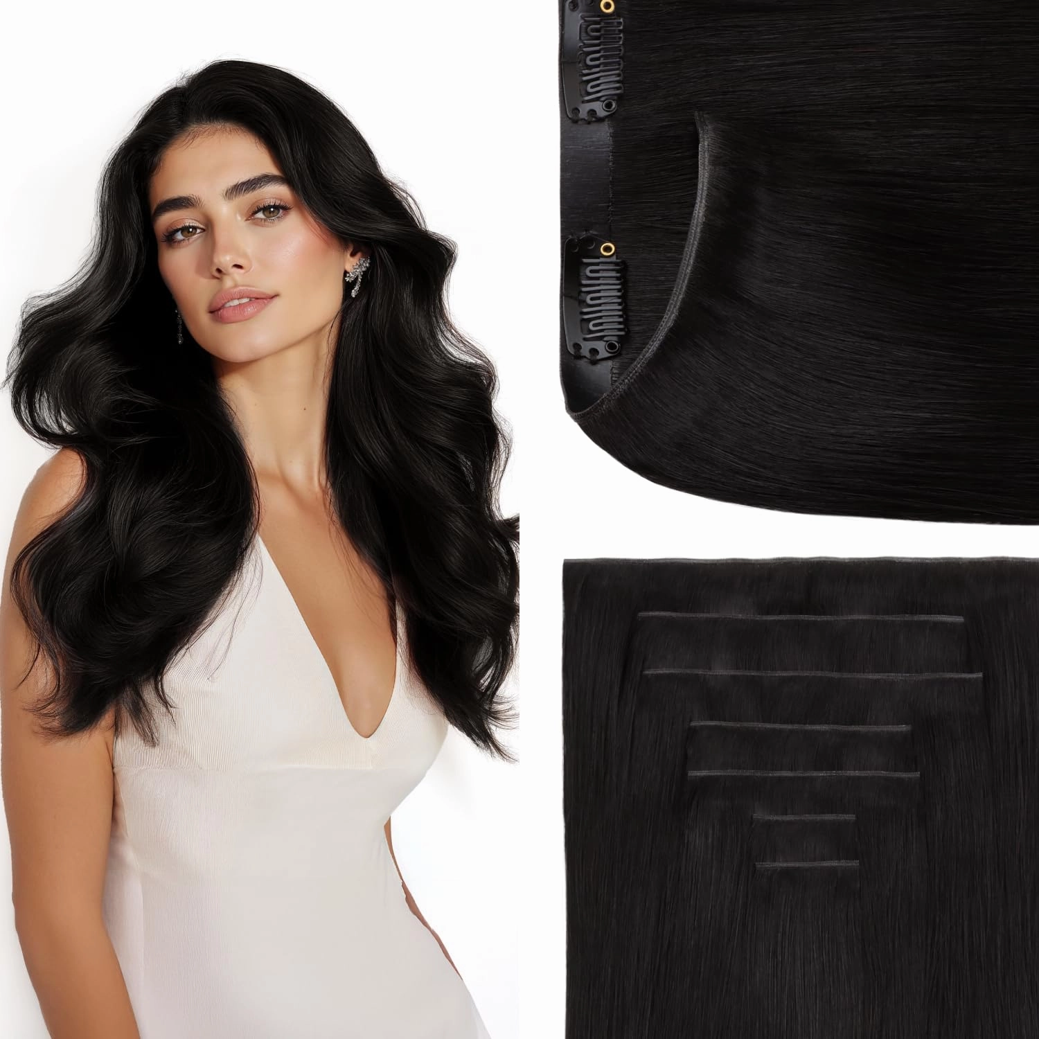 GOO GOO Genius Clip in Hair Extensions, 14inch 110g 7pcs, Seamless PU Clip in Hair Extensions, Virgin Real Human Hair, #1B Natural black