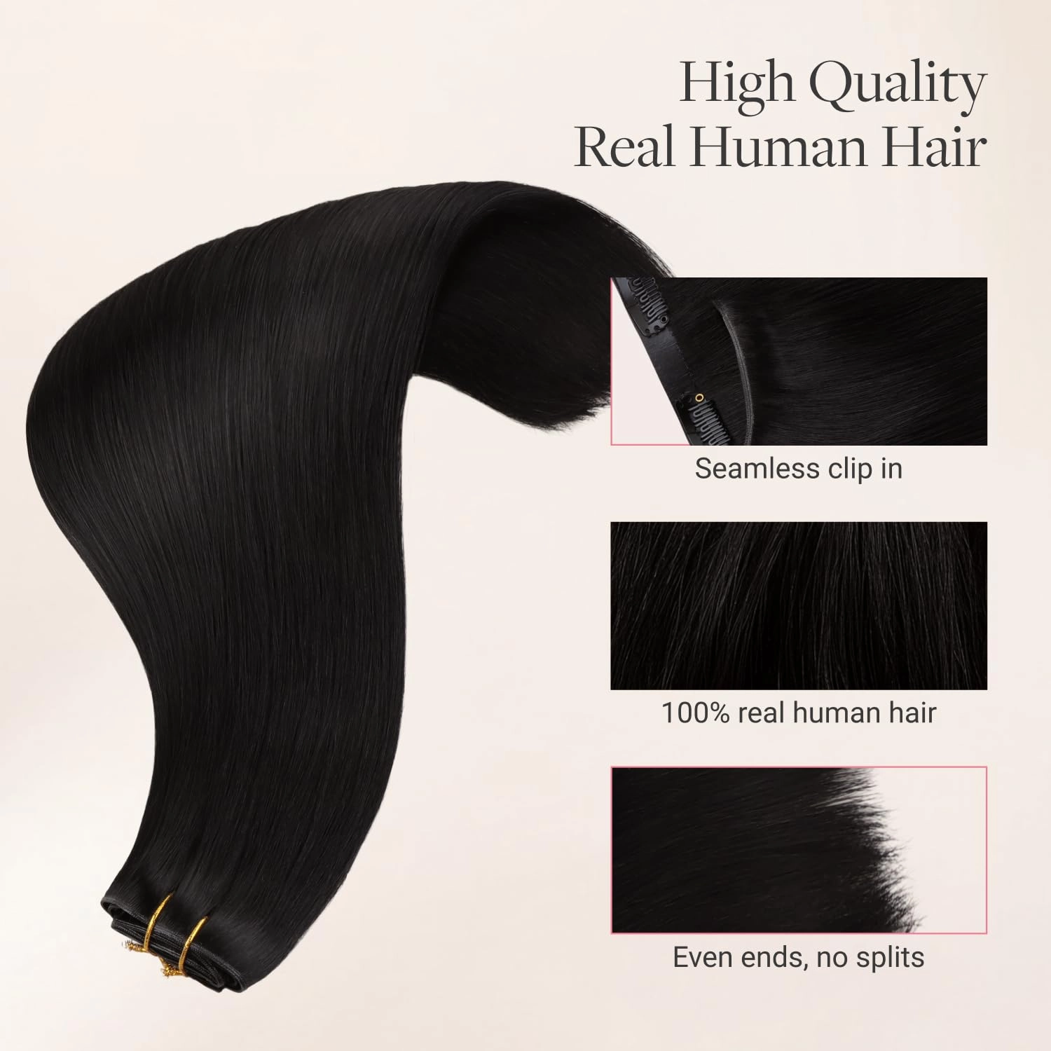 GOO GOO Genius Clip in Hair Extensions, 14inch 110g 7pcs, Seamless PU Clip in Hair Extensions, Virgin Real Human Hair, #1B Natural black