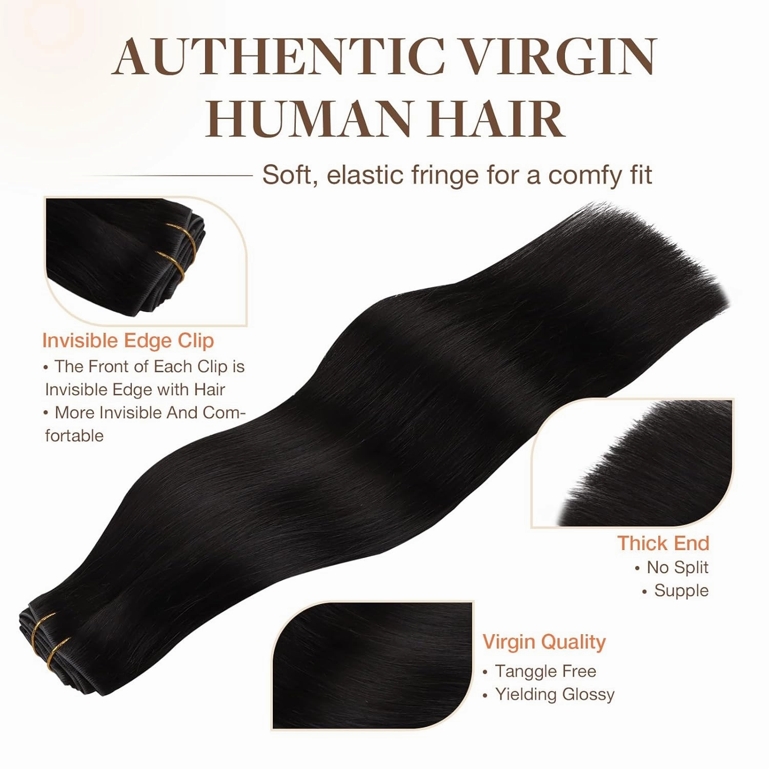 GOO GOO Invisi Edge Clip in Hair Extensions 20inch 150g 7Pcs Injected Seamless PU Clip in Hair Extensions, Virgin Real Human Hair, 1B Natural Black