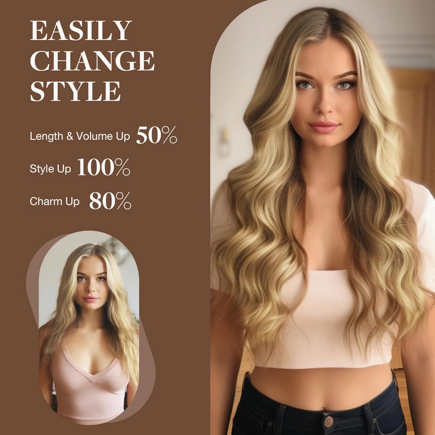 GOO GOO Wire Hair Extensions Human Hair, 17/22/60 Ash Blonde with Golden Blonde and Platinum Blonde Balayage 16inch 95g, Invisible Wire Hair Extensions with Transparent, Seamless Fish Line Hairpiece