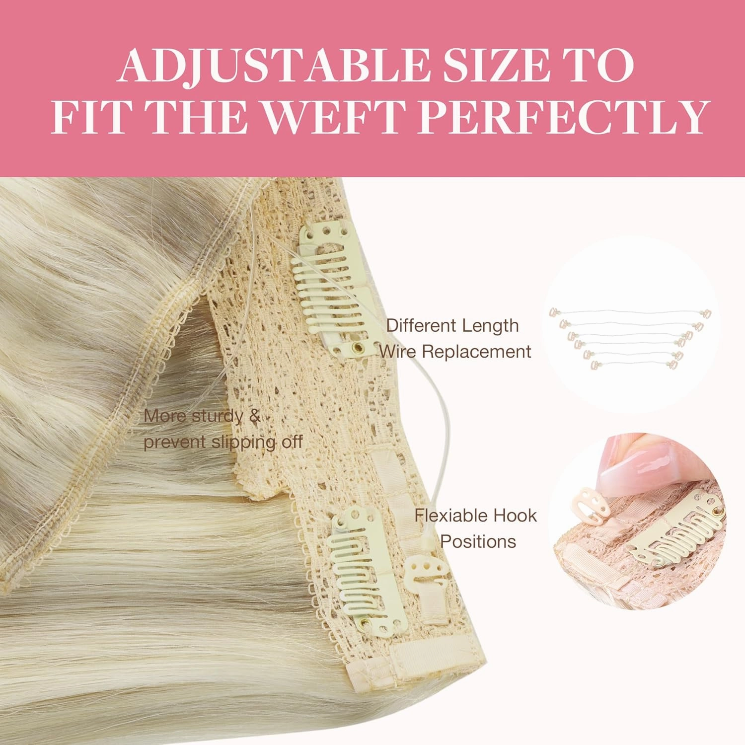 GOO GOO Wire Hair Extensions Human Hair, 17/22/60 Ash Blonde with Golden Blonde and Platinum Blonde Balayage 16inch 95g, Invisible Wire Hair Extensions with Transparent, Seamless Fish Line Hairpiece