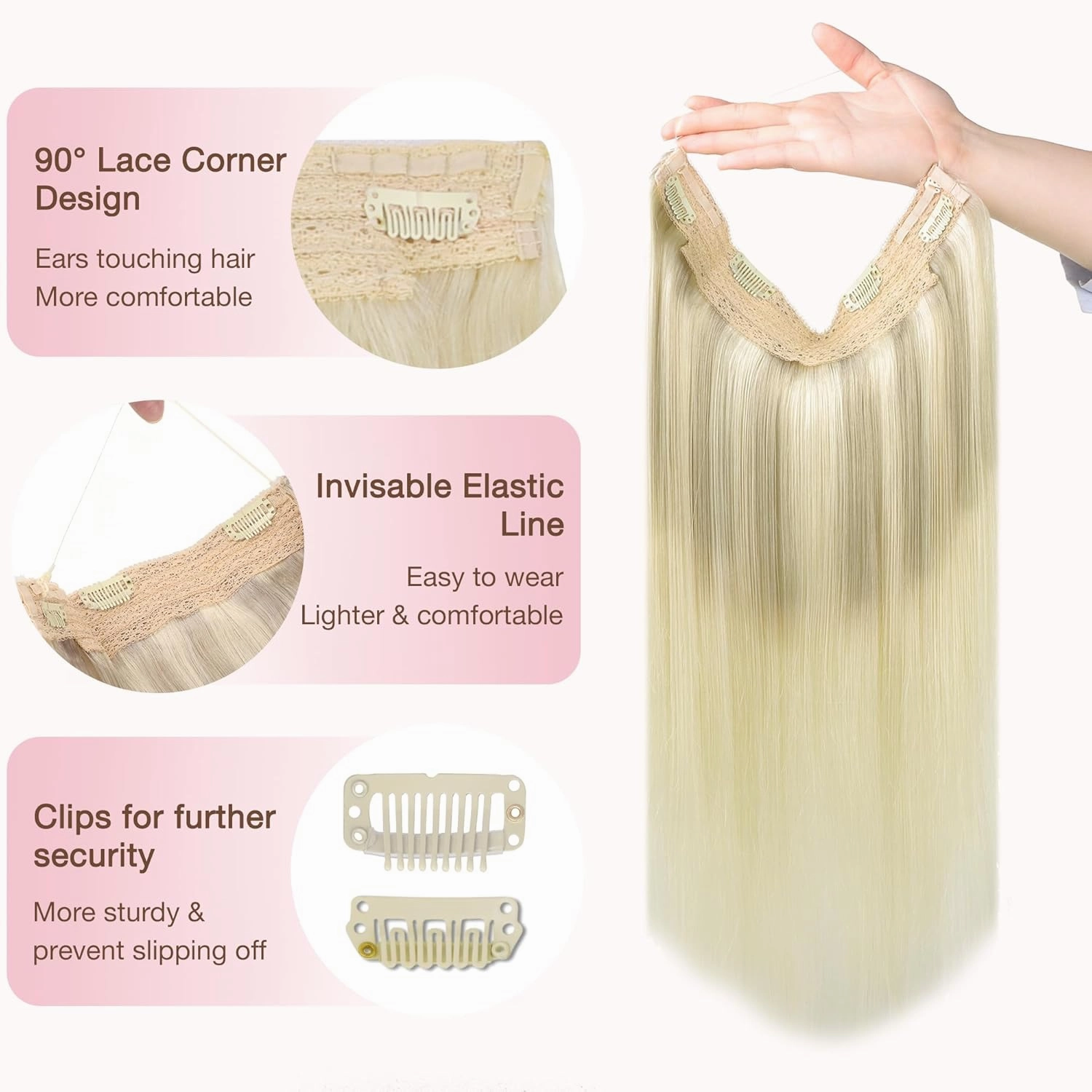 GOO GOO Wire Hair Extensions Human Hair, 17/22/60 Ash Blonde with Golden Blonde and Platinum Blonde Balayage 16inch 95g, Invisible Wire Hair Extensions with Transparent, Seamless Fish Line Hairpiece