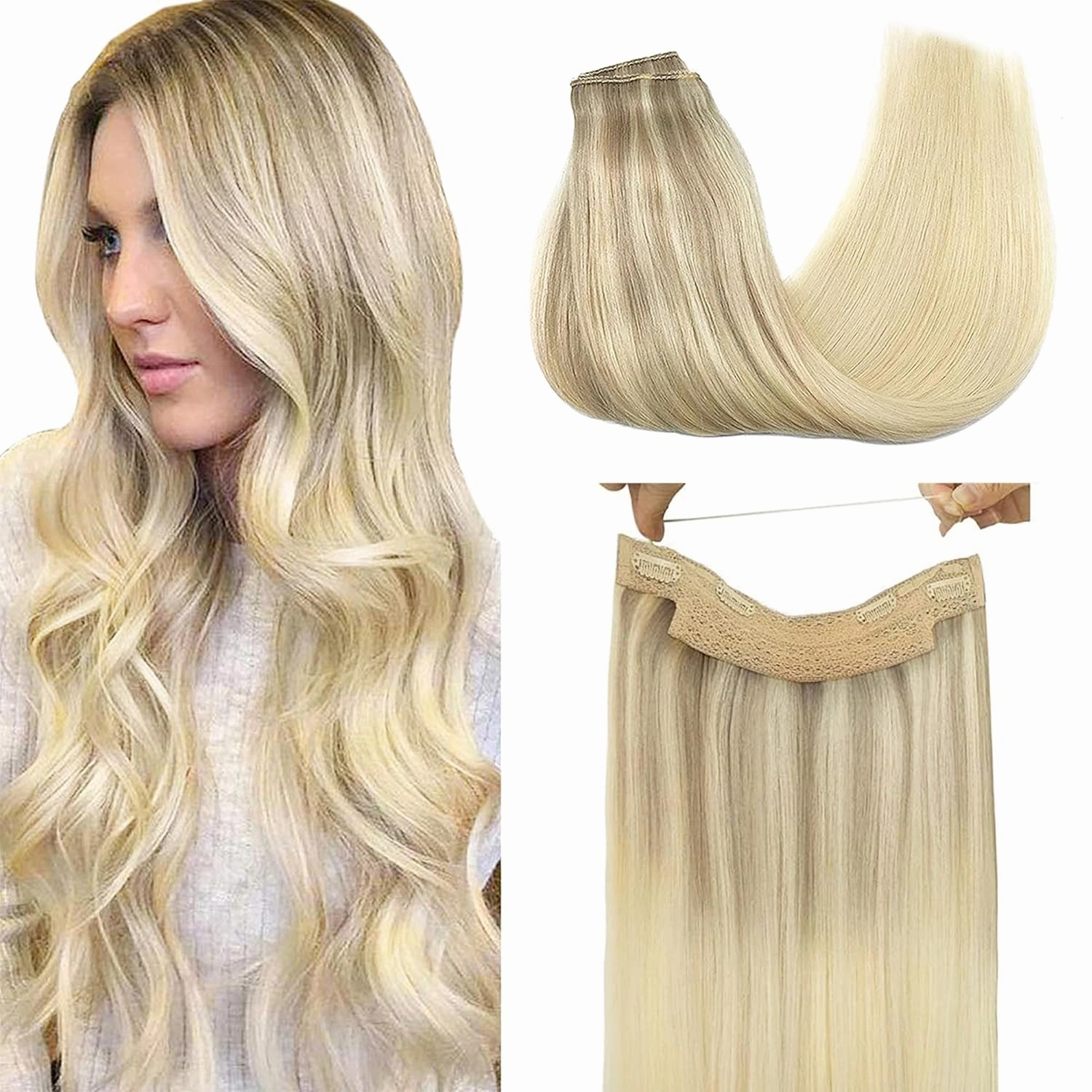 GOO GOO Wire Hair Extensions Human Hair, 17/22/60 Ash Blonde with Golden Blonde and Platinum Blonde Balayage 16inch 95g, Invisible Wire Hair Extensions with Transparent, Seamless Fish Line Hairpiece