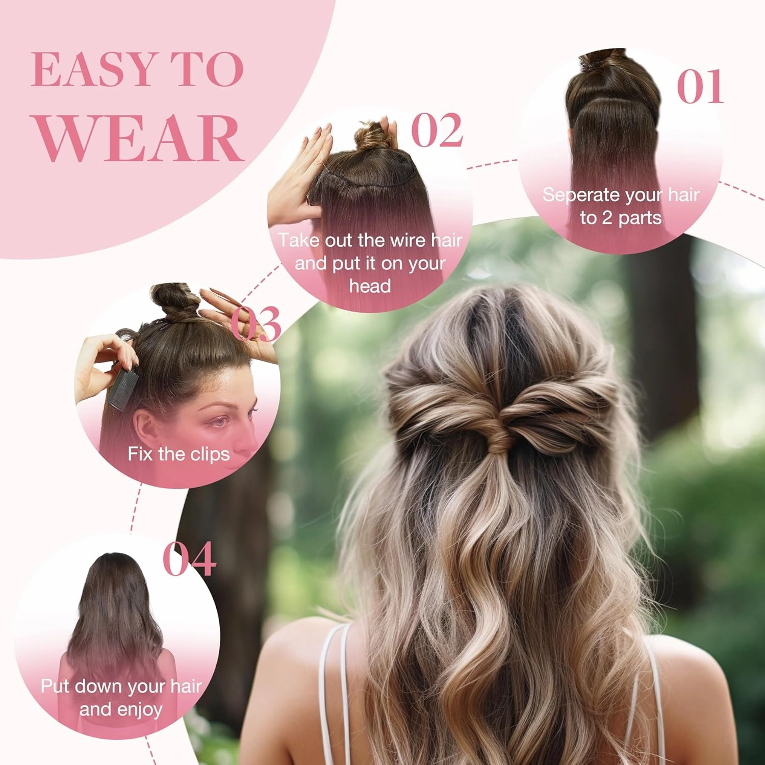 GOO GOO Wire Hair Extensions Human Hair, 4A Chocolate Brown Natural 16inch 95g, Invisible Wire Hair Extensions with Transparent, Seamless Fish Line Hairpiece