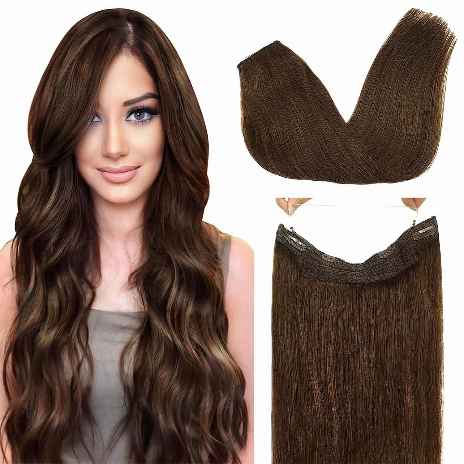 GOO GOO Wire Hair Extensions Human Hair, 4A Chocolate Brown Natural 16inch 95g, Invisible Wire Hair Extensions with Transparent, Seamless Fish Line Hairpiece