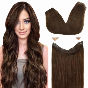 GOO GOO Wire Hair Extensions Human Hair, 4A Chocolate Brown Natural 16inch 95g, Invisible Wire Hair Extensions with Transparent, Seamless Fish Line Hairpiece
