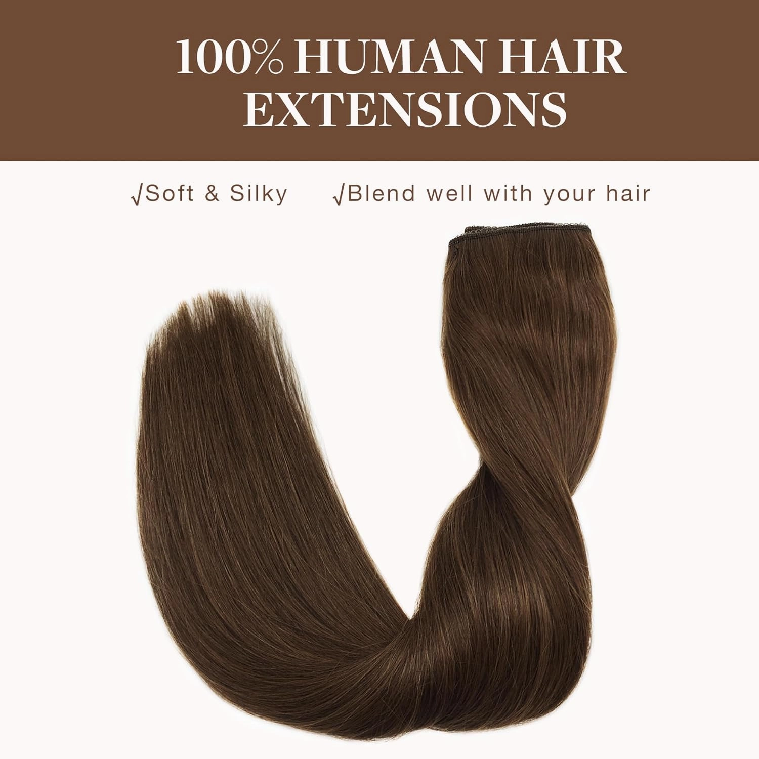 GOO GOO Wire Hair Extensions Human Hair, 4A Chocolate Brown Natural 16inch 95g, Invisible Wire Hair Extensions with Transparent, Seamless Fish Line Hairpiece