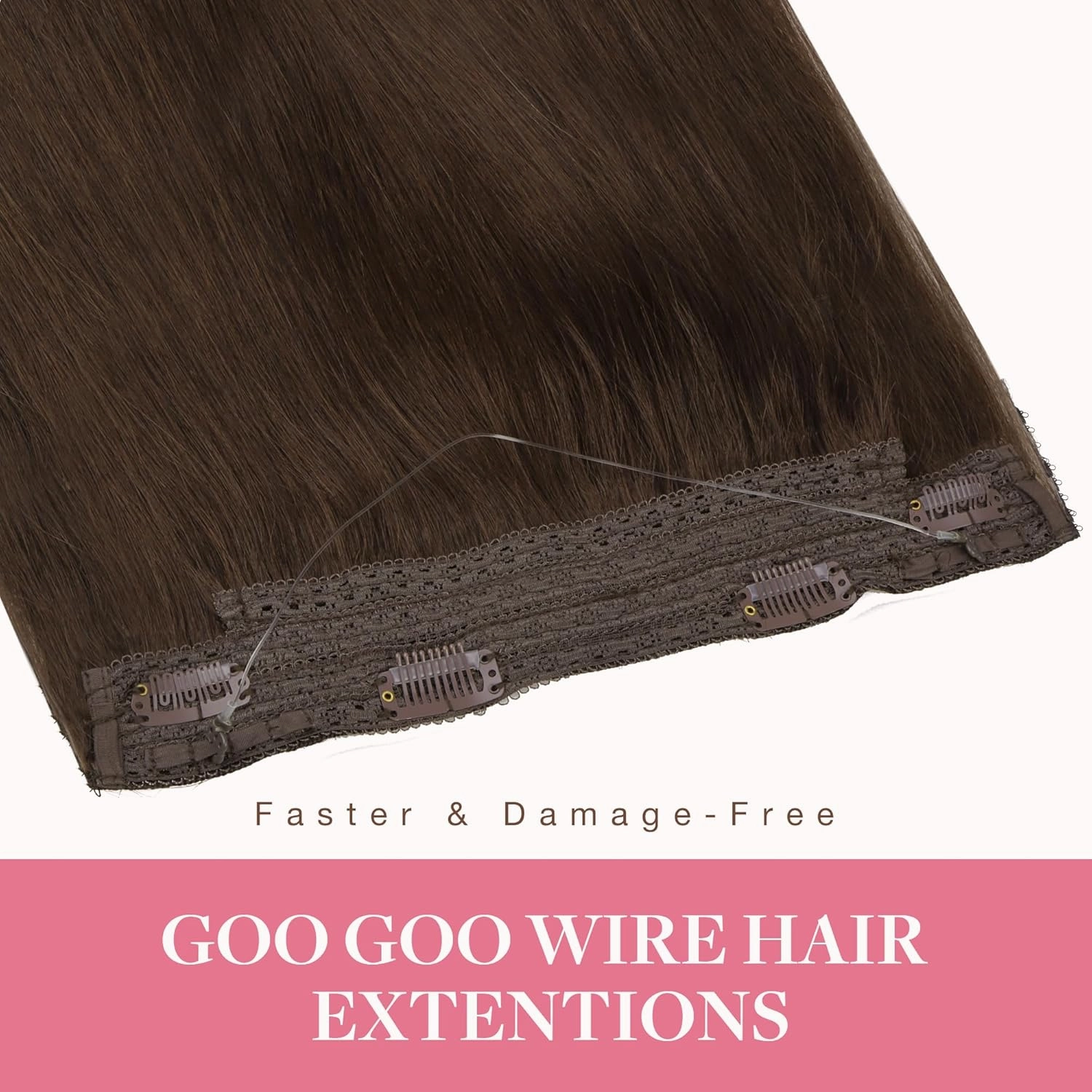 GOO GOO Wire Hair Extensions Human Hair, 4A Chocolate Brown Natural 16inch 95g, Invisible Wire Hair Extensions with Transparent, Seamless Fish Line Hairpiece