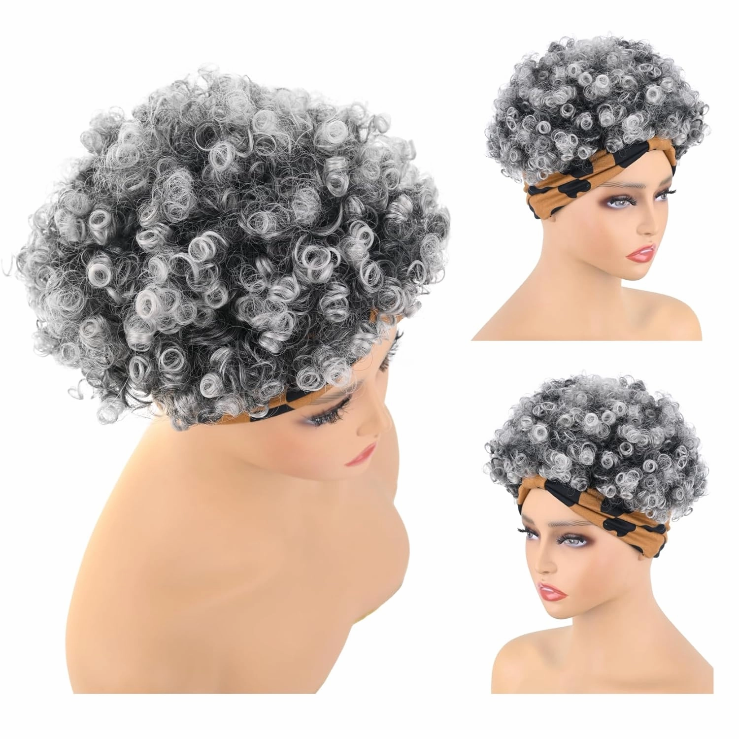 Grey Afro Headband Wig Short Afro Kinky Curly Wigs for Black Women Glueless Salt And Pepper Afro Wigs with Headbands Attached Synthetic with 2 Clips