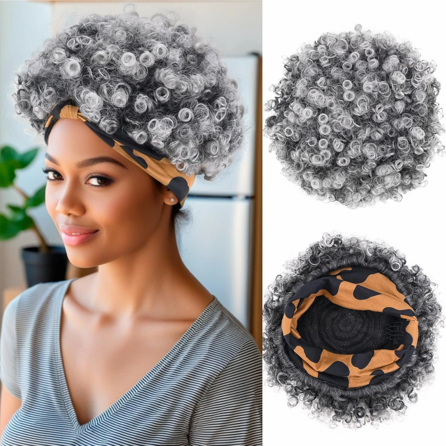 Grey Afro Headband Wig Short Afro Kinky Curly Wigs for Black Women Glueless Salt And Pepper Afro Wigs with Headbands Attached Synthetic with 2 Clips