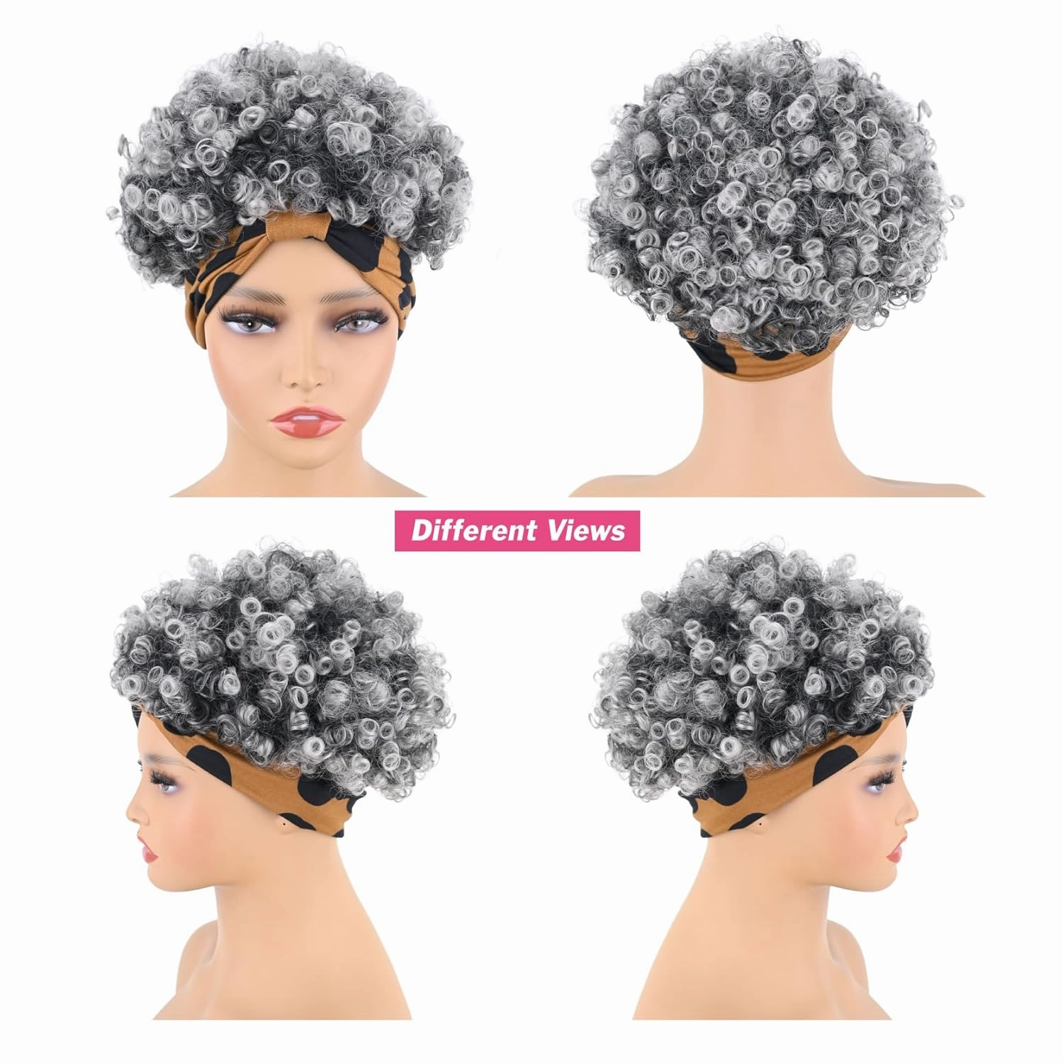 Grey Afro Headband Wig Short Afro Kinky Curly Wigs for Black Women Glueless Salt And Pepper Afro Wigs with Headbands Attached Synthetic with 2 Clips