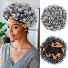 Grey Afro Headband Wig Short Afro Kinky Curly Wigs for Black Women Glueless Salt And Pepper Afro Wigs with Headbands Attached Synthetic with 2 Clips