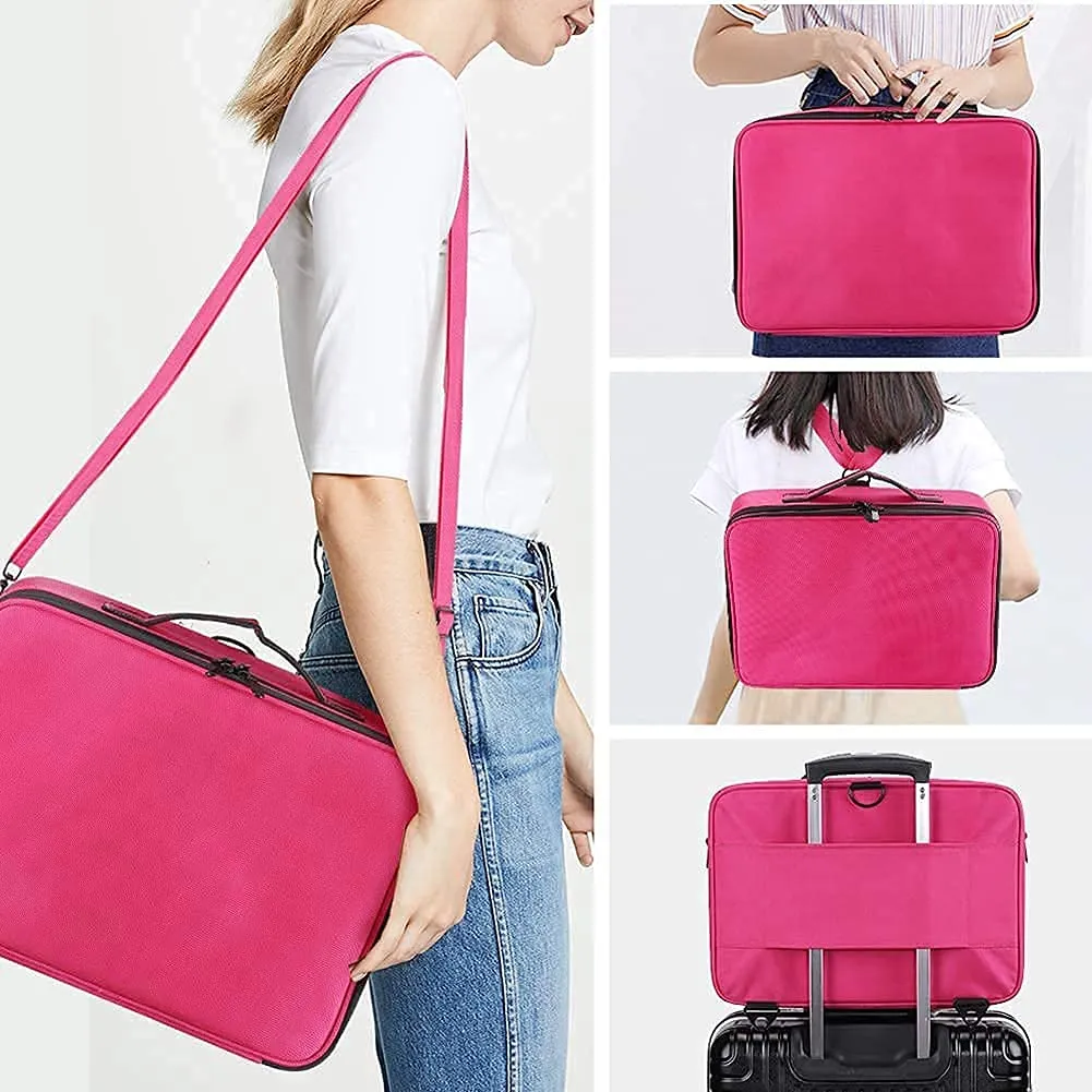 gzcz Large Capacity 16.5 inches Professional Travel Makeup Train Case Portable Artist Cosmetic Brush Organizer Storage Bag With Adjustable Dividers And Shoulder Strap for Toiletry Jewelry （Rose Red）