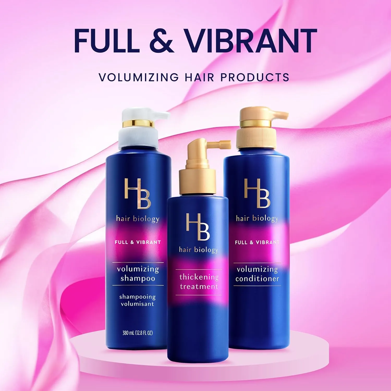 Hair Biology Full & Vibrant Set Including: Volumizing Shampoo (12.8 Fl Oz), Conditioner (12.8 Fl Oz) & Thickening Treatment (6.4 Fl Oz), for Thin or Fine Hair, Biotin Infused, Paraben-Free, Color-Safe