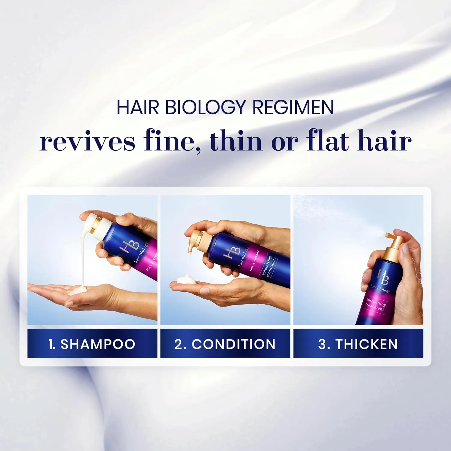 Hair Biology Full & Vibrant Set Including: Volumizing Shampoo (12.8 Fl Oz), Conditioner (12.8 Fl Oz) & Thickening Treatment (6.4 Fl Oz), for Thin or Fine Hair, Biotin Infused, Paraben-Free, Color-Safe