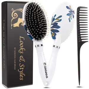 Hair Brush, Boar Bristle Hair Brushes for Women Kids Thick Curly Wet Dry Hair, Smoothing Detangling Hairbrush Adds Shine and Improves Hair Texture, Hair Comb and Giftbox Included3