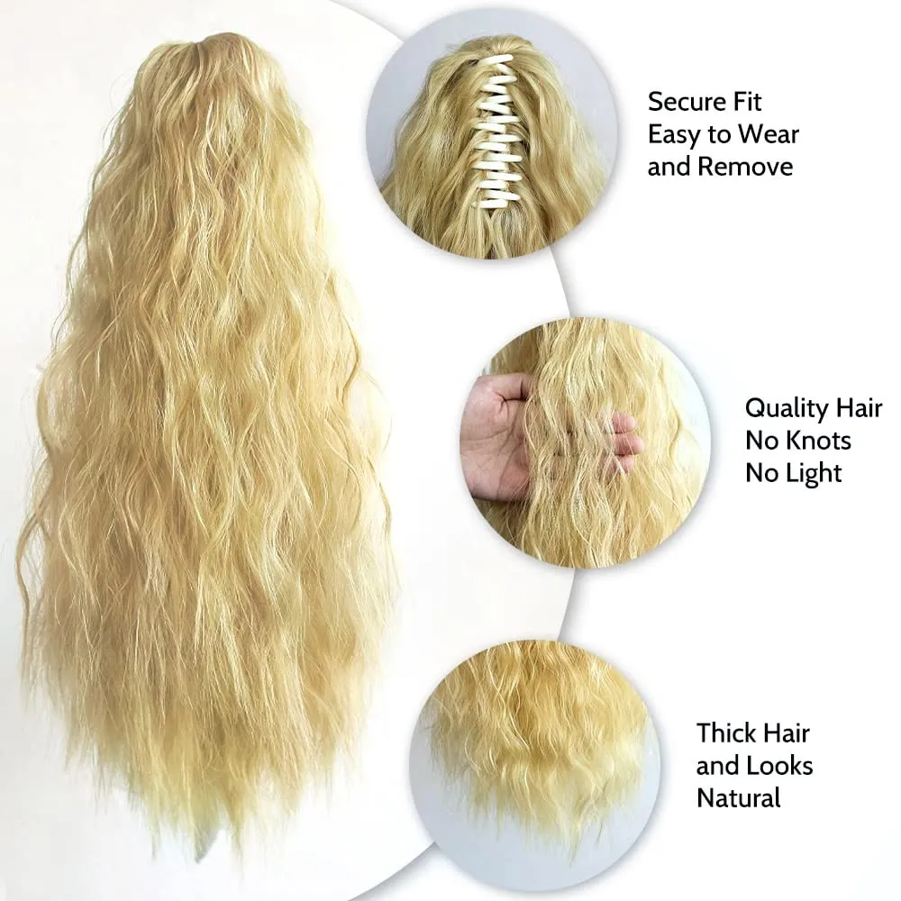 Hair Extensions Ponytail Extension Claw Clip Wavy 18" Long Synthetic Pony Tail for Adults Women Curly Ponytails Fluffy Clips in Hairpieces for Wedding Party Daily Use 6 Oz Blonde