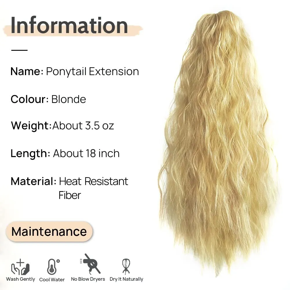 Hair Extensions Ponytail Extension Claw Clip Wavy 18" Long Synthetic Pony Tail for Adults Women Curly Ponytails Fluffy Clips in Hairpieces for Wedding Party Daily Use 6 Oz Blonde