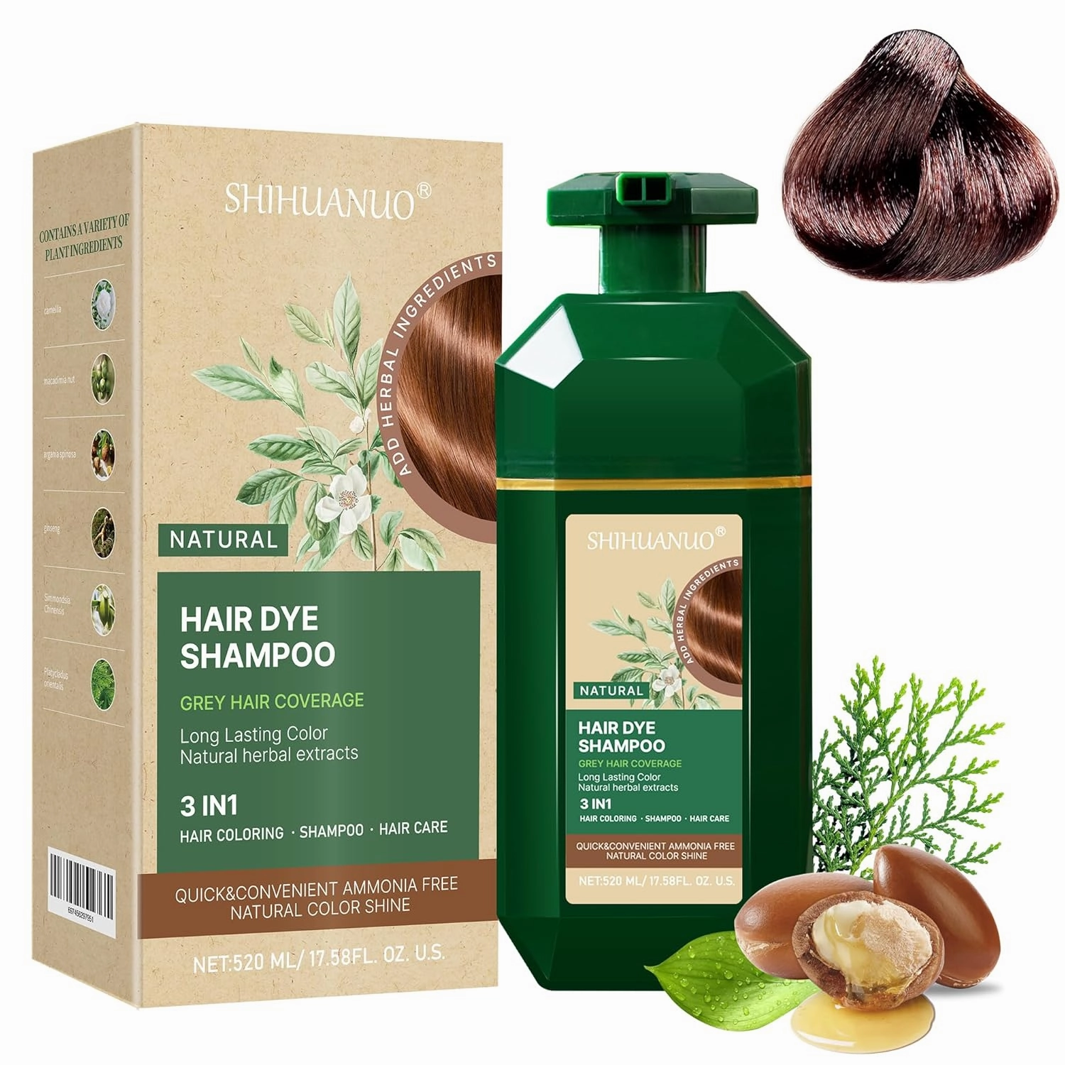 Hair Dye Shampoo 3 in 1 for Gray Hair Coverage, Herbal Ingredients Natural Shampoo Hair Dye for Women & Men/Ammonia-Free 520ml(Coffee)