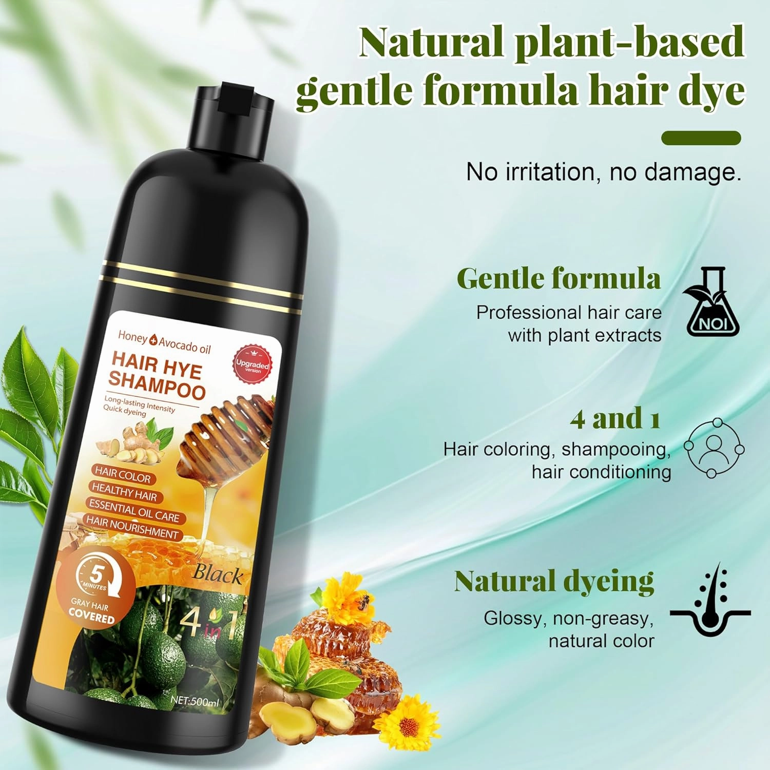 Hair Dye Shampoo 3 in 1 for Women & Men 100% Gray Hair Coverage - Herbal Ingredients Natural Plant Hair Color - Hair Dye in Minutes 500ML（Black）