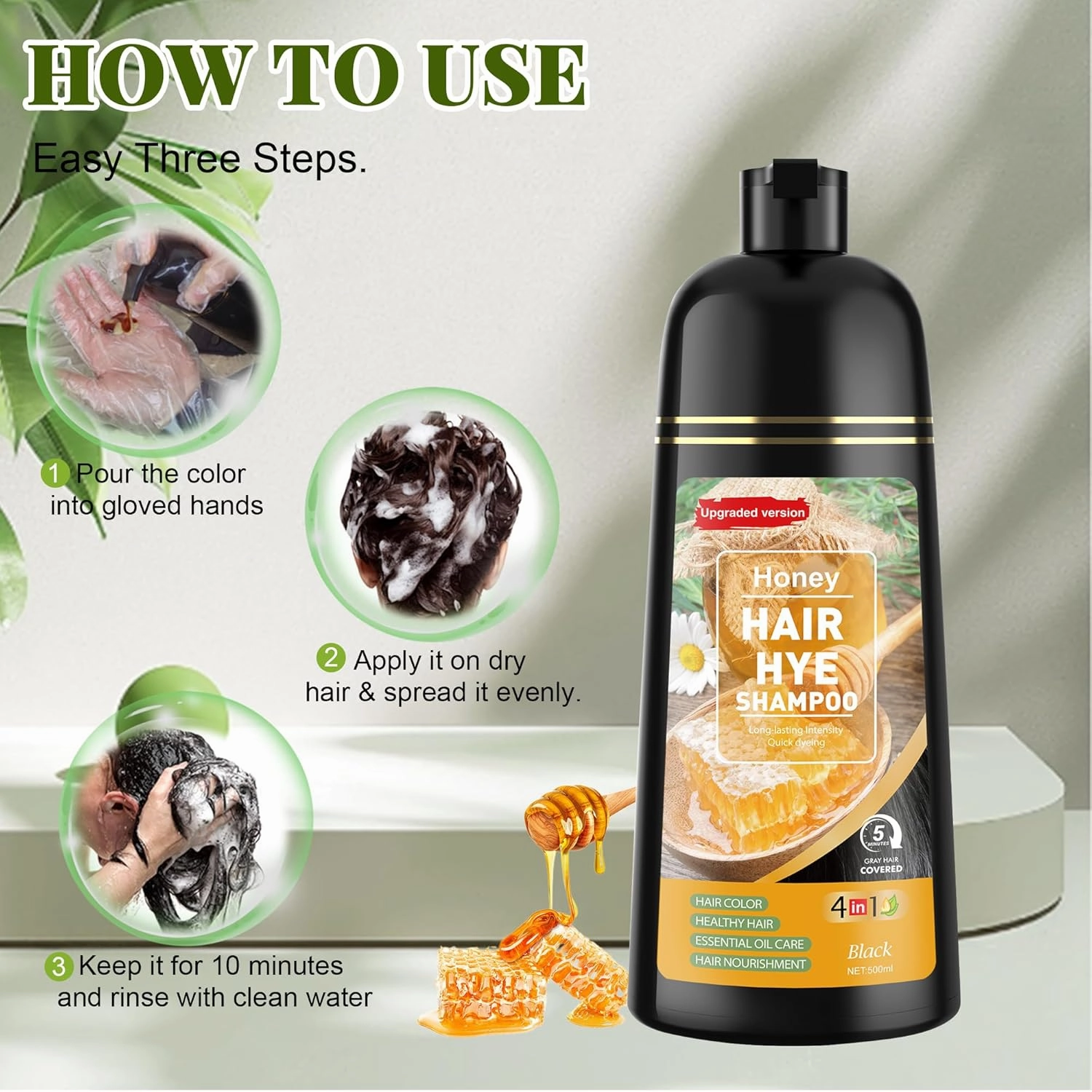 Hair Dye Shampoo 3 in 1 for Women & Men 100% Gray Hair Coverage - Herbal Ingredients Natural Plant Hair Color - Hair Dye in Minutes 500ML（Black）