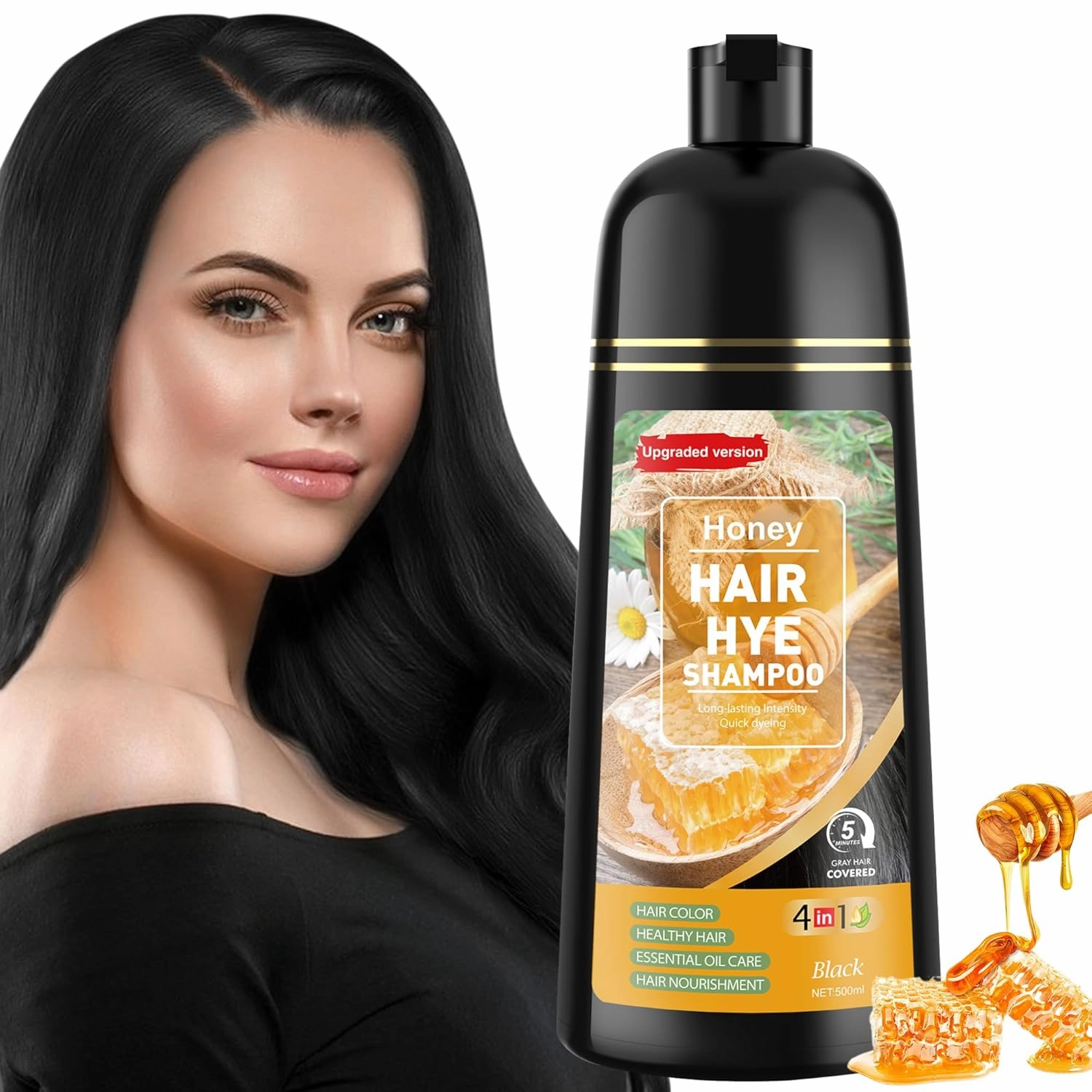 Hair Dye Shampoo 3 in 1 for Women & Men 100% Gray Hair Coverage - Herbal Ingredients Natural Plant Hair Color - Hair Dye in Minutes 500ML（Black）